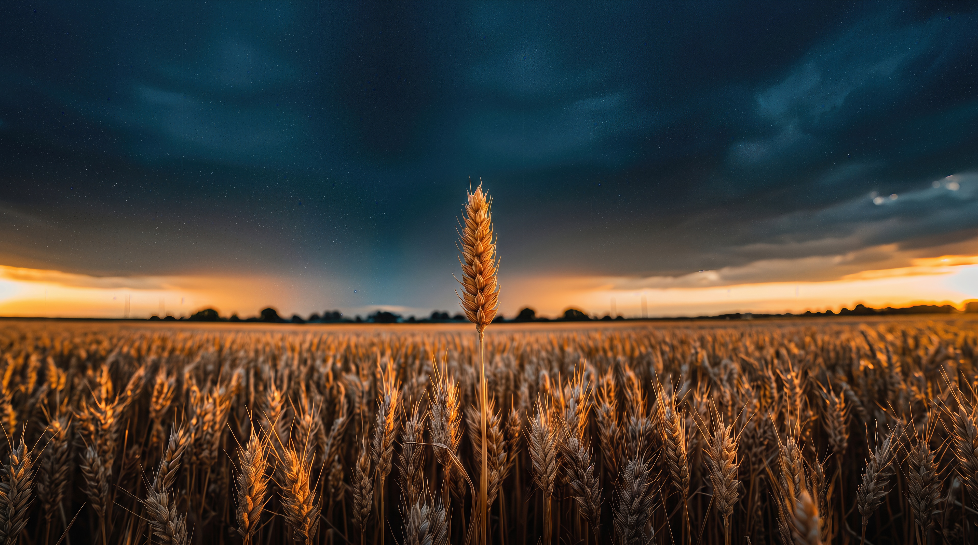 Free photo A single golden ear of wheat towers over a ripe field against the background of dark thunderclouds and sunset.