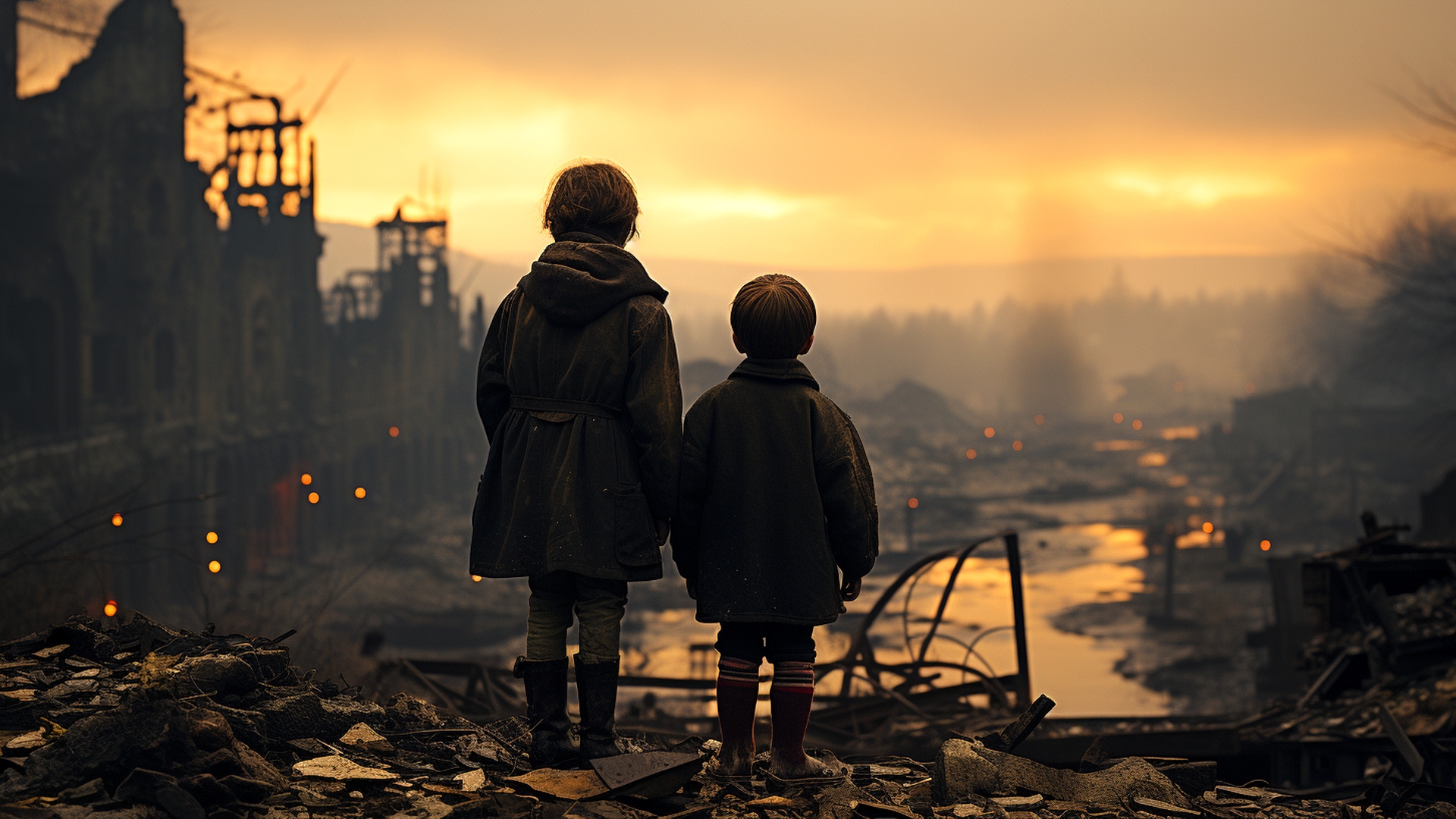 Children and a ruined city
