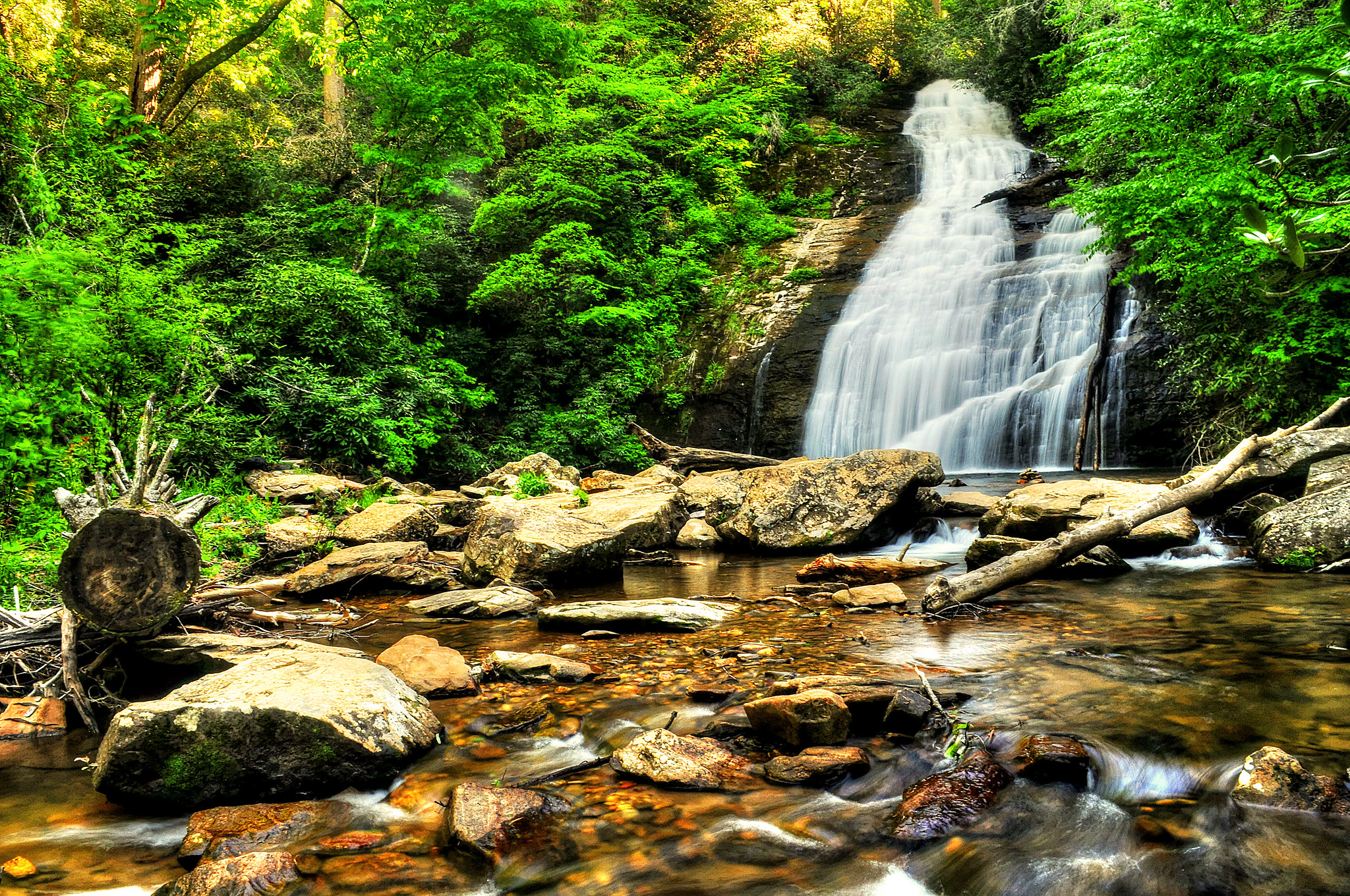 Wallpapers waterfall in the forest rocks landscape on the desktop