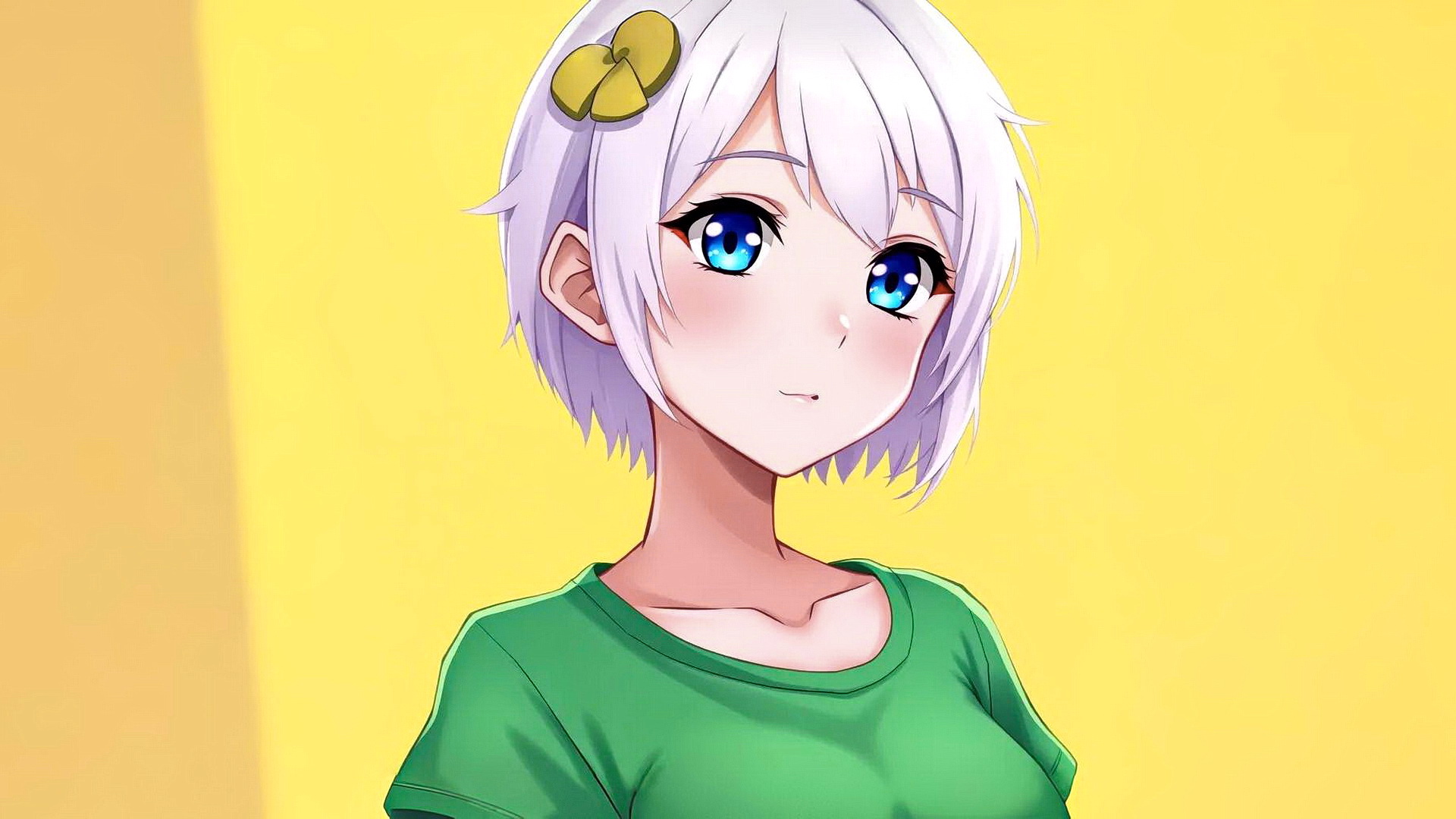 身着绿色 T 恤的金发女孩肖像