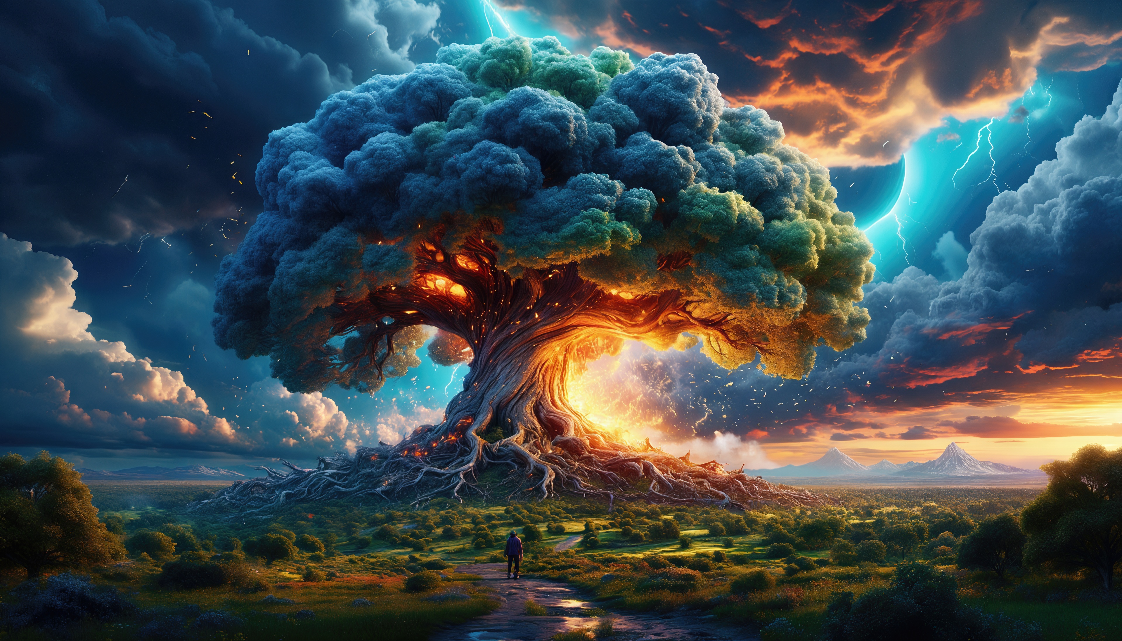 Бесплатное фото Мистическое древо возвышается над долиной в закатных лучах.