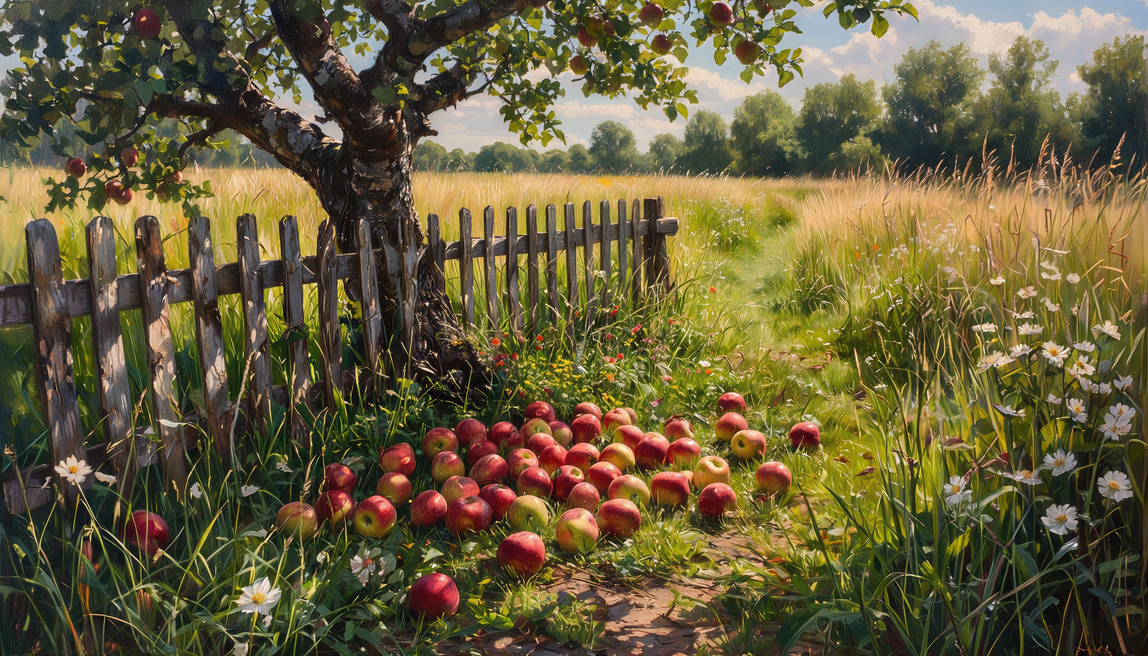 Бесплатное фото Яблоня с яблоками на фоне поля и деревянного забора, окруженная травой и цветами.