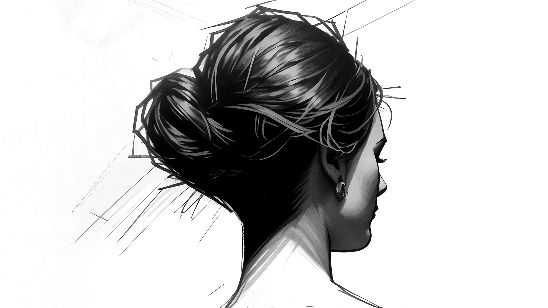 Бесплатное фото Черно-белый рисунок женской головы на белом фоне