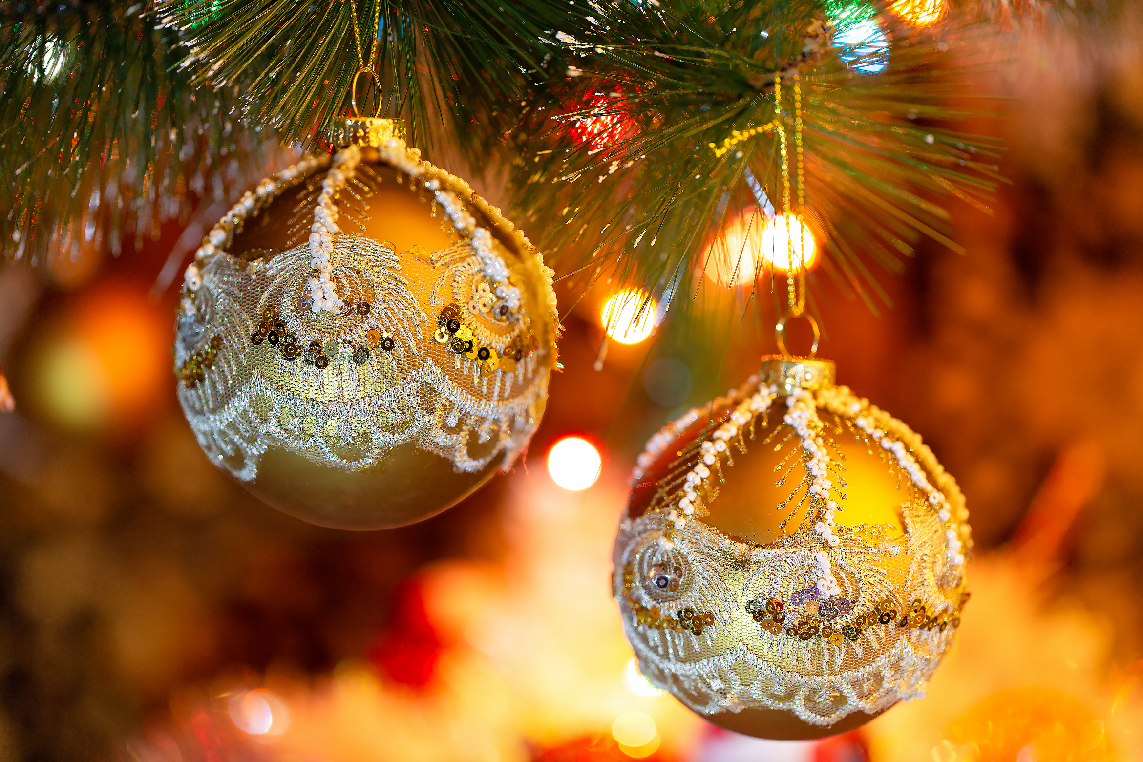 Free photo Two golden balls on the Christmas tree