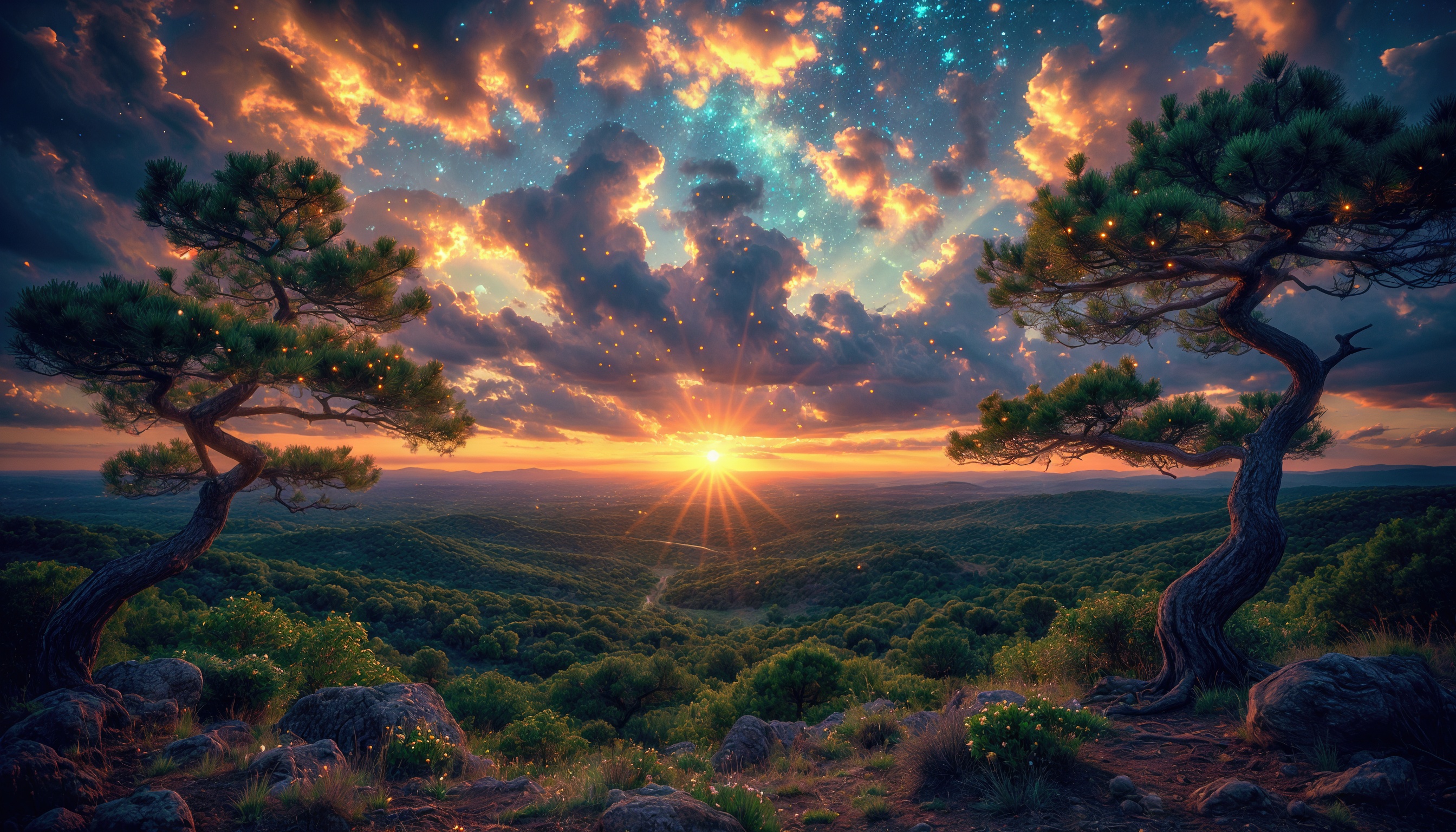 Бесплатное фото Закат в лесу с хвойными деревьями, освещёнными золотистым светом заходящего солнца.