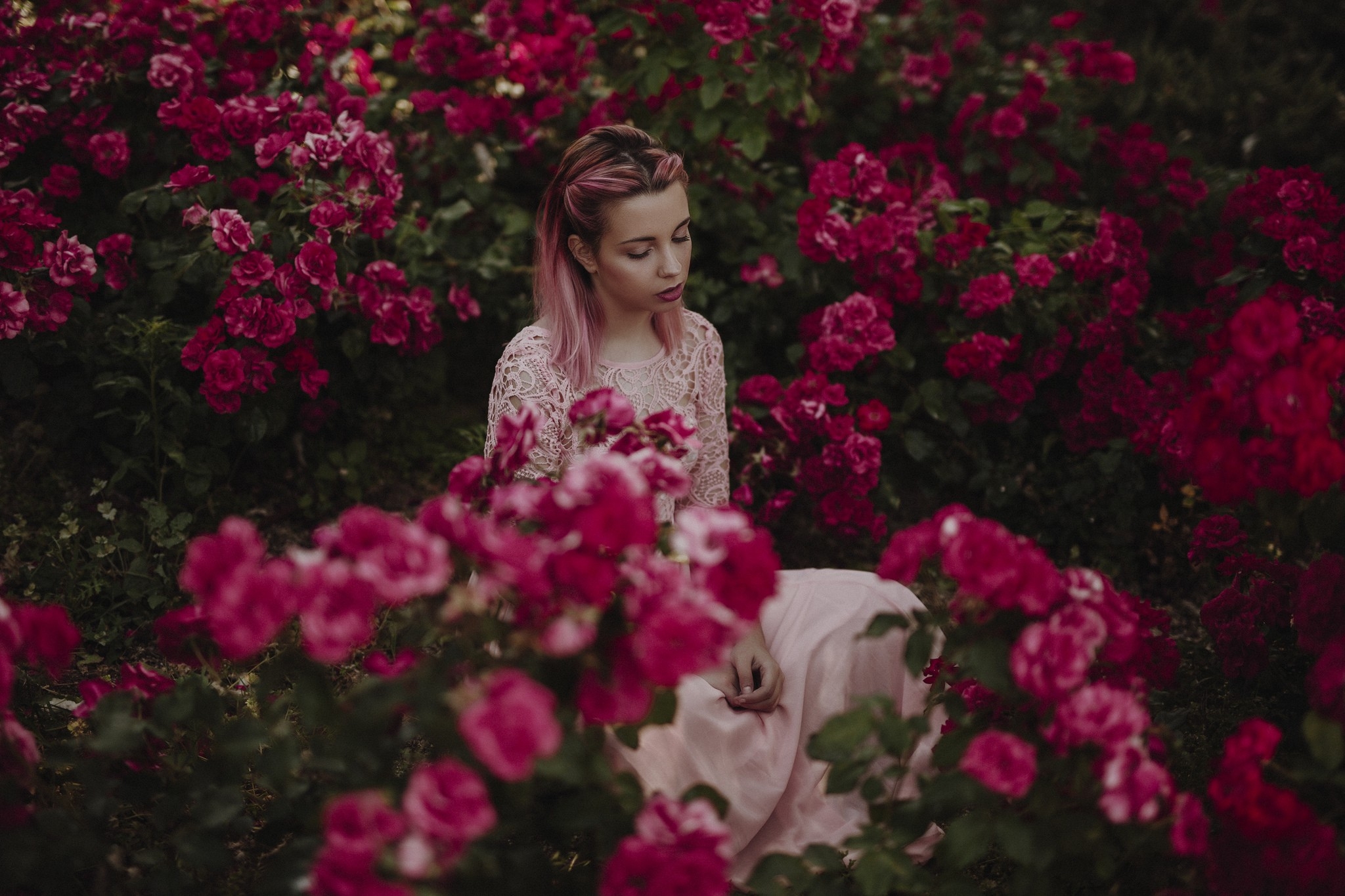 A girl in a pink dress sitting in a garden among pink roses