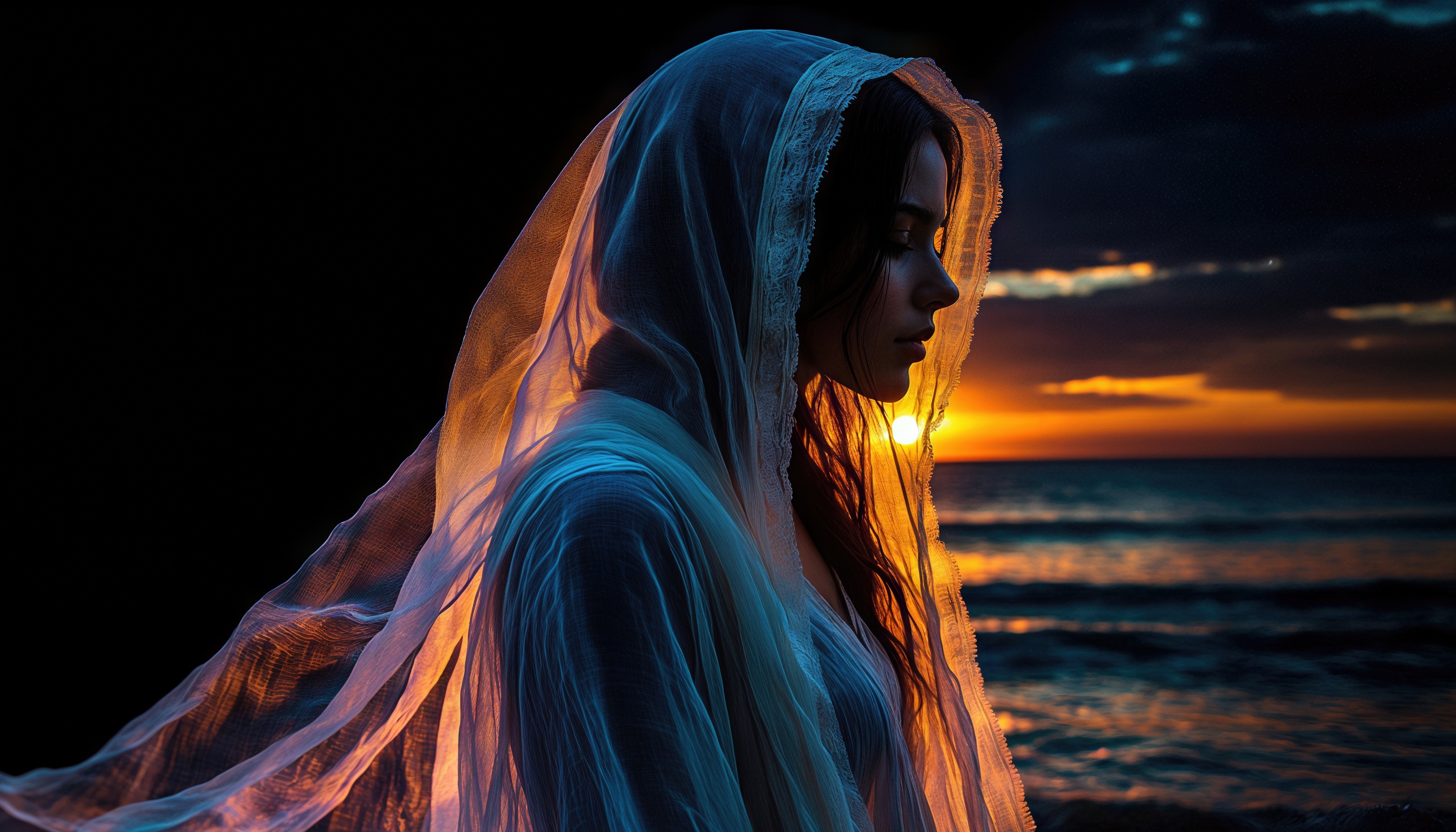 日落时在海边穿着裙子的女孩。