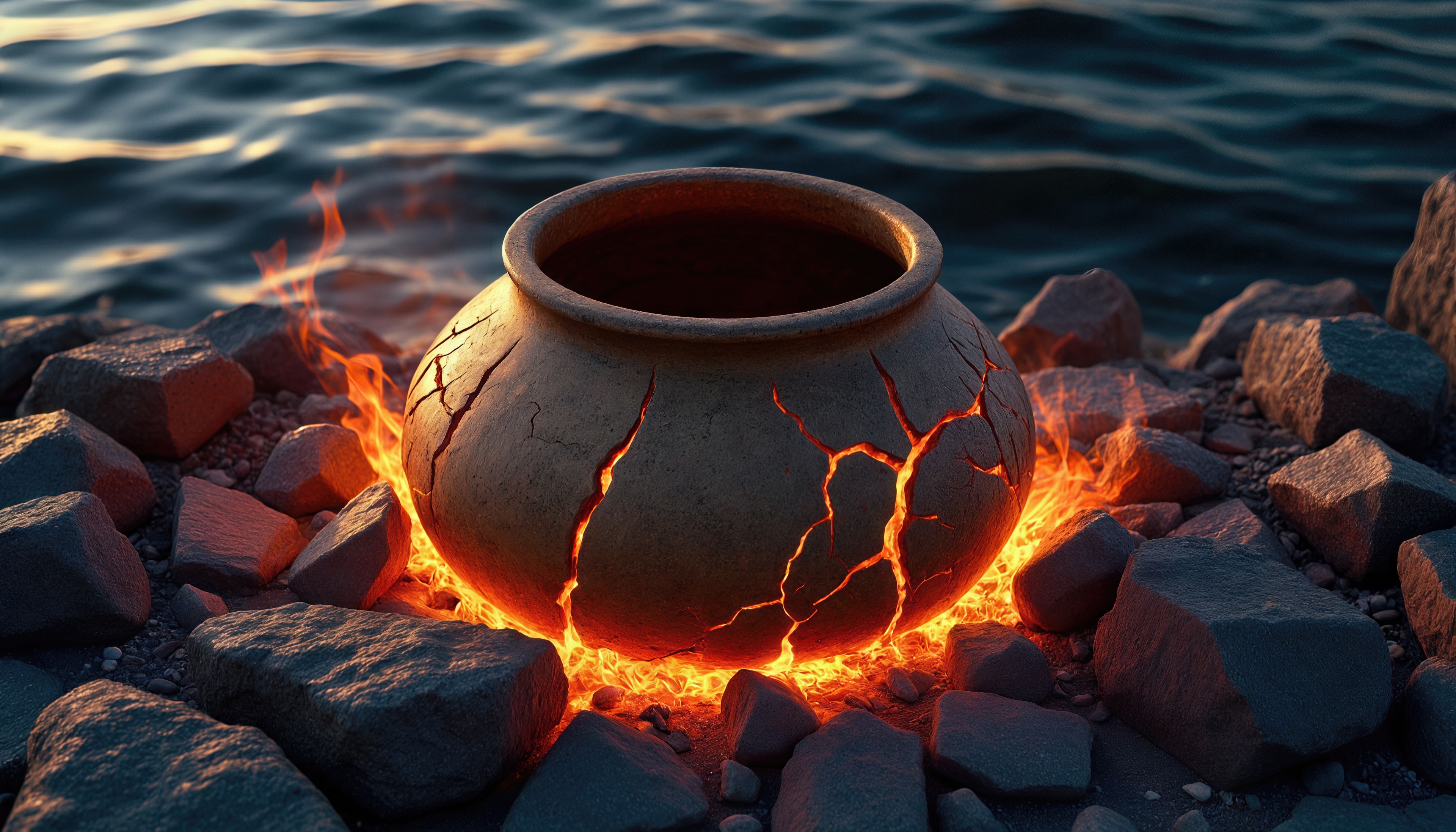 Бесплатное фото Горшок с трещинами, объятый пламенем у реки.