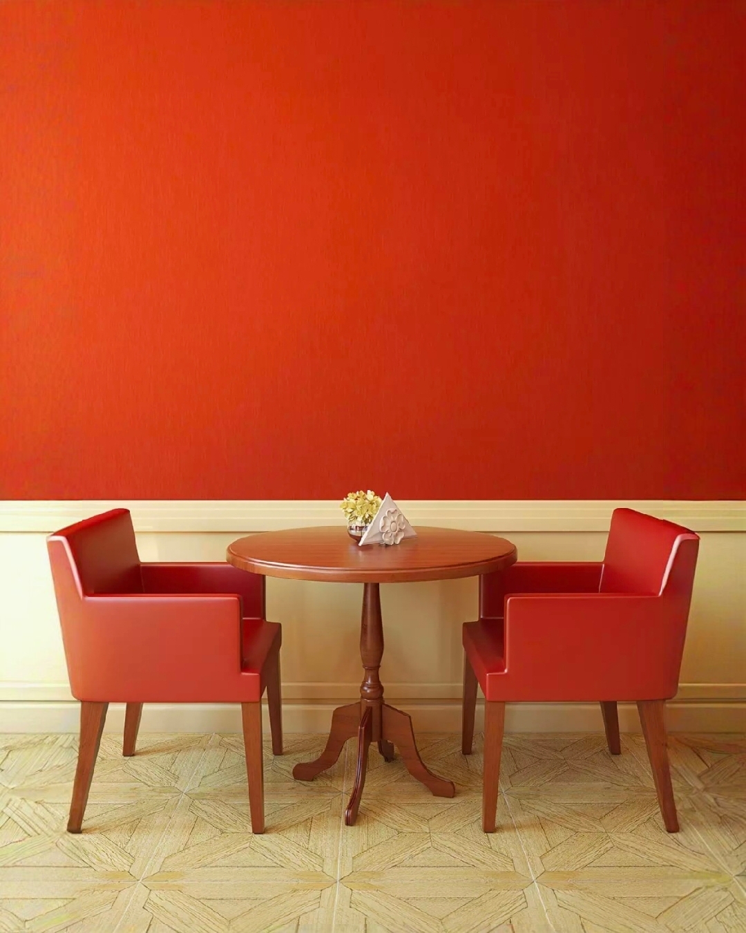 Free photo Coffee area on the background of a bright wall