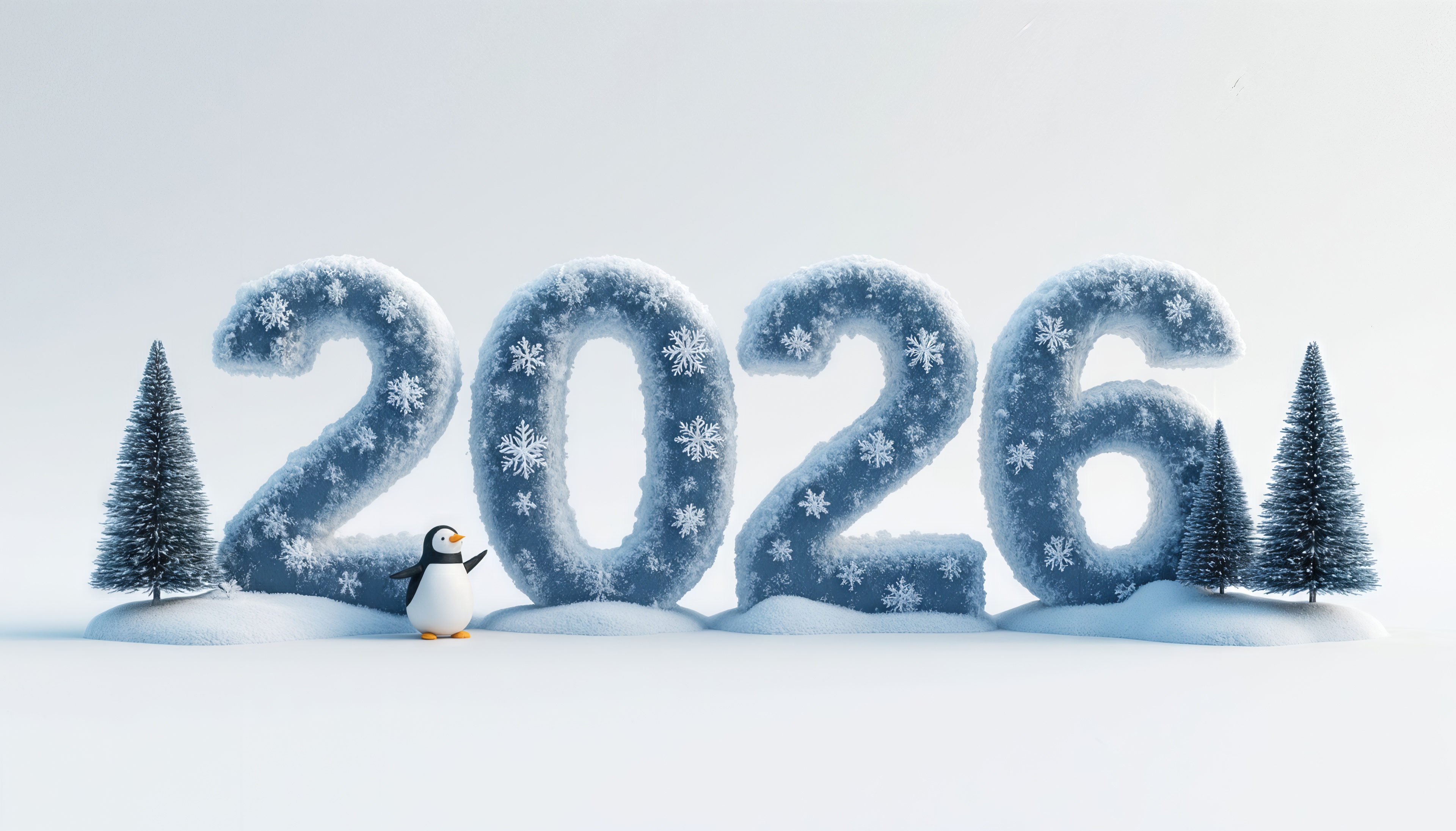Бесплатное фото Милый пингвин встречает 2026 год среди снега и ёлок.