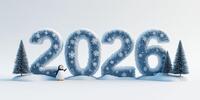Милый пингвин встречает 2026 год среди снега и ёлок.