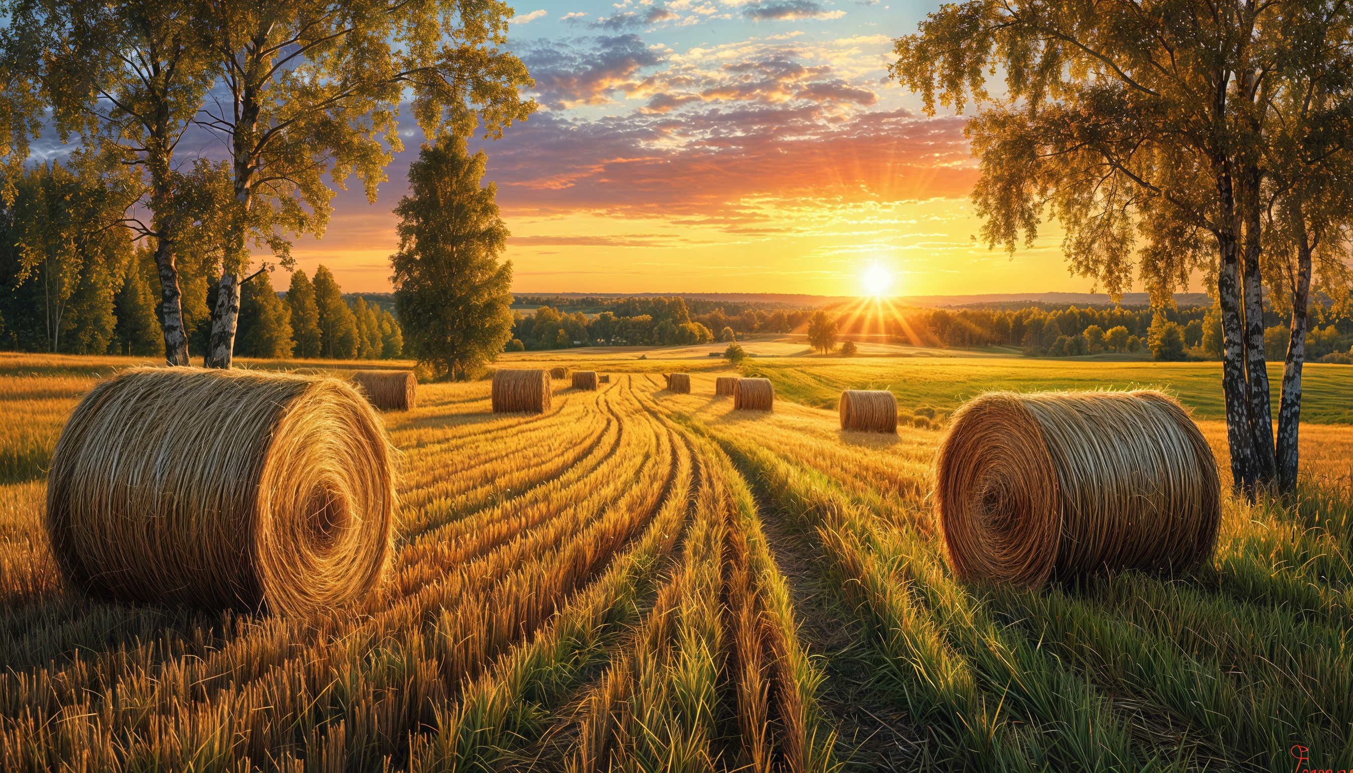 Бесплатное фото Золотистое поле в лучах заката хранит рулоны сена, берёзы шепчут тени, тишина окутала край.