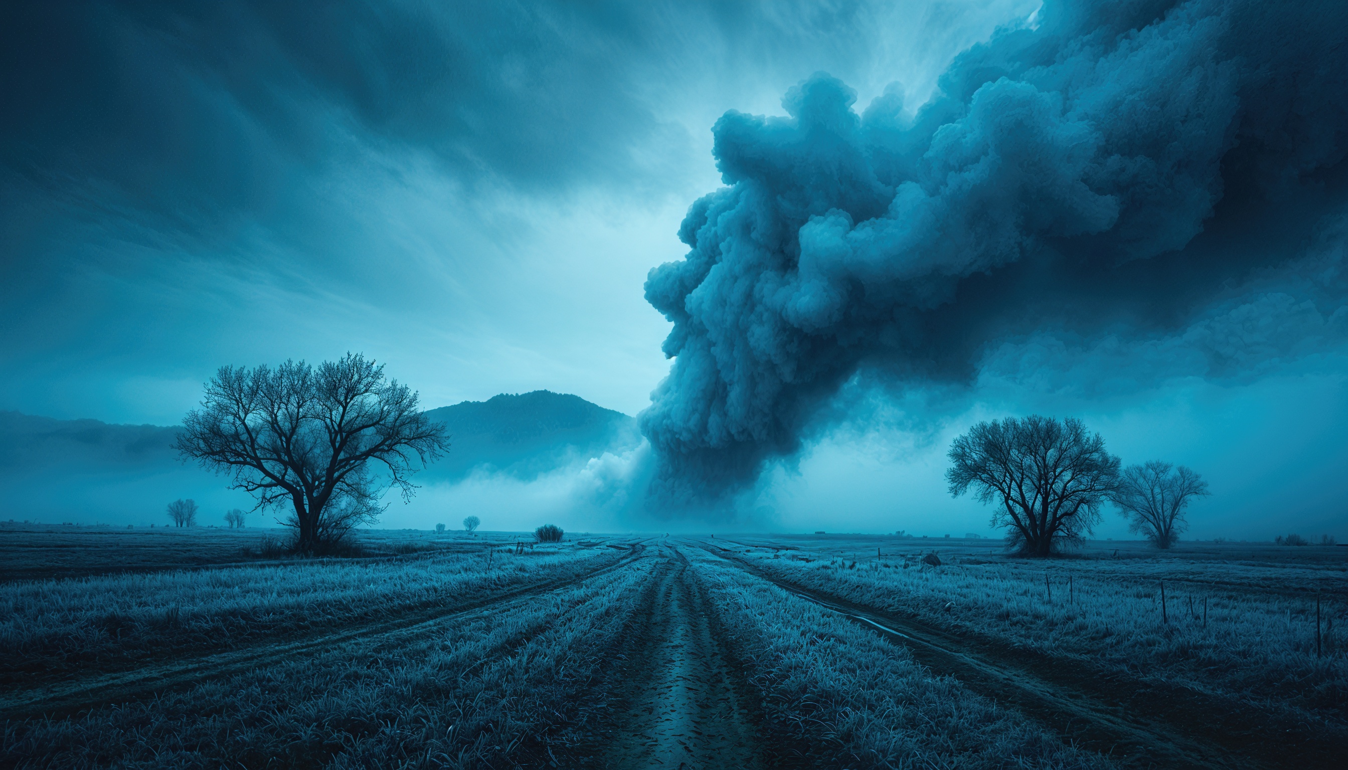 Мрачное изображение дороги в поле с дымом на фоне, создающее атмосферу тревоги и неопределенности.