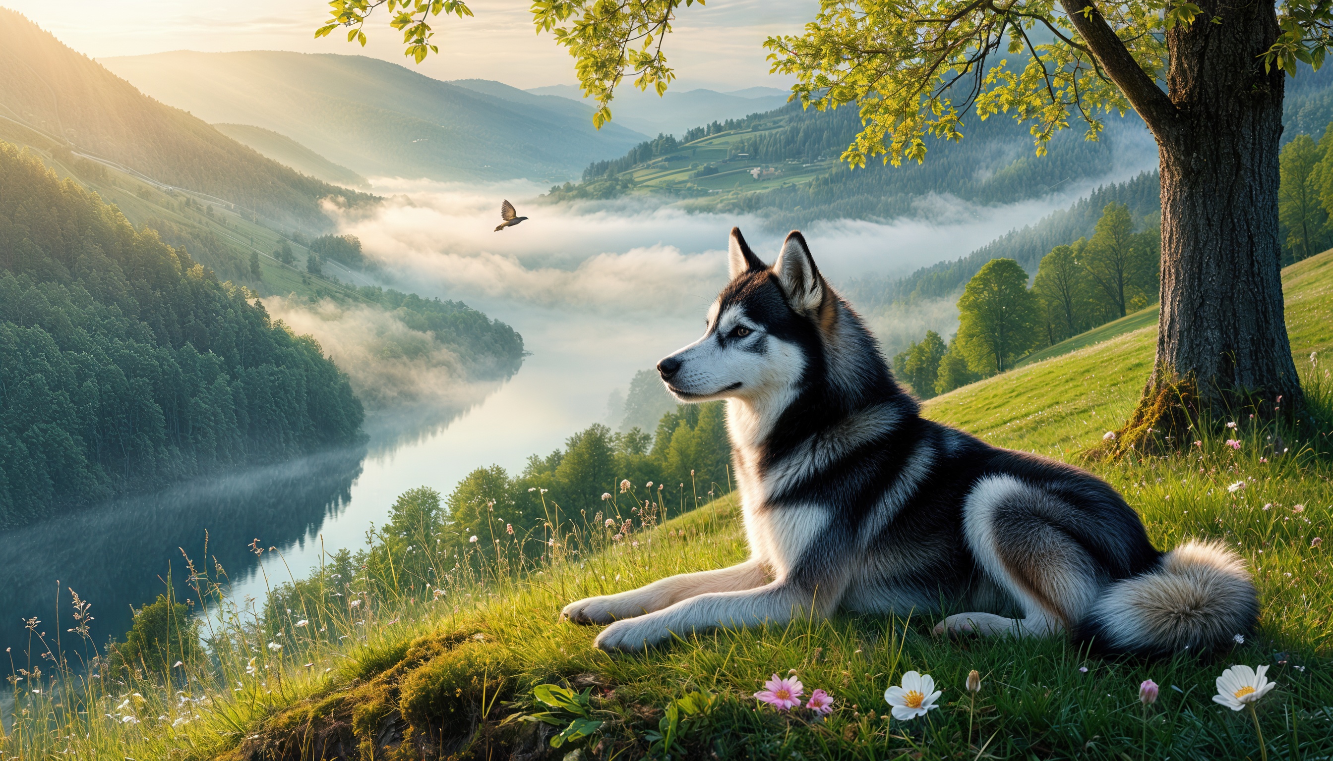 Бесплатное фото Хаски на склоне холма лежит на зелёной траве, а на заднем плане видны горы и река, покрытые туманом.