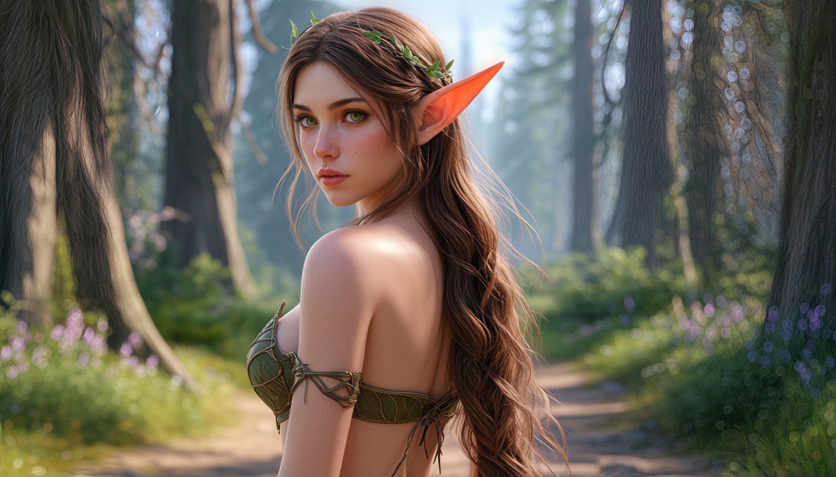 Бесплатное фото Девушка-эльф с венком из зелёных листьев в топе на фоне лесного пейзажа.