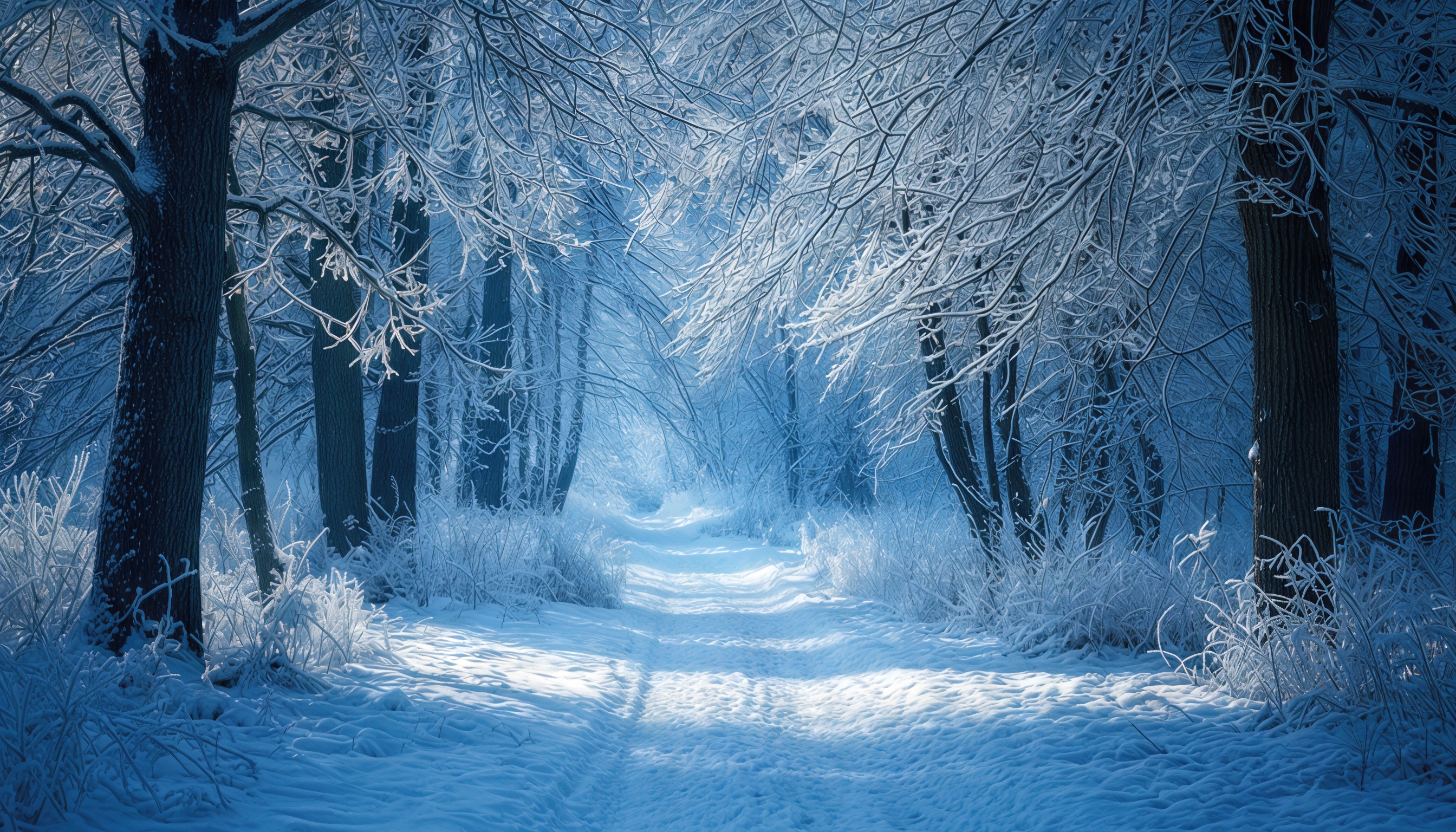 Зимний лес с заснеженными деревьями и тропинкой.