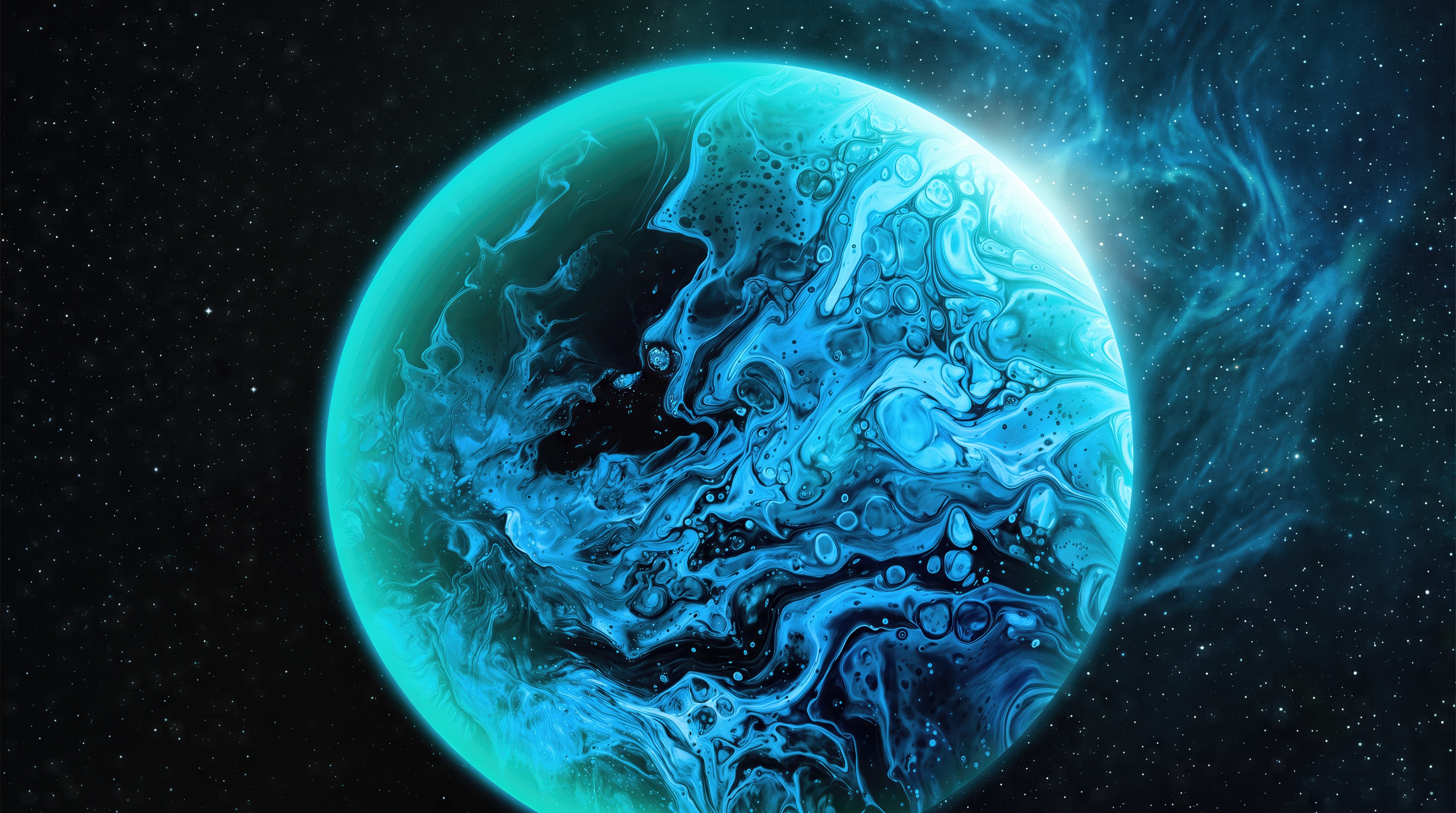 Space art with a neon blue exoplanet shrouded in a luminous nebula and stars.