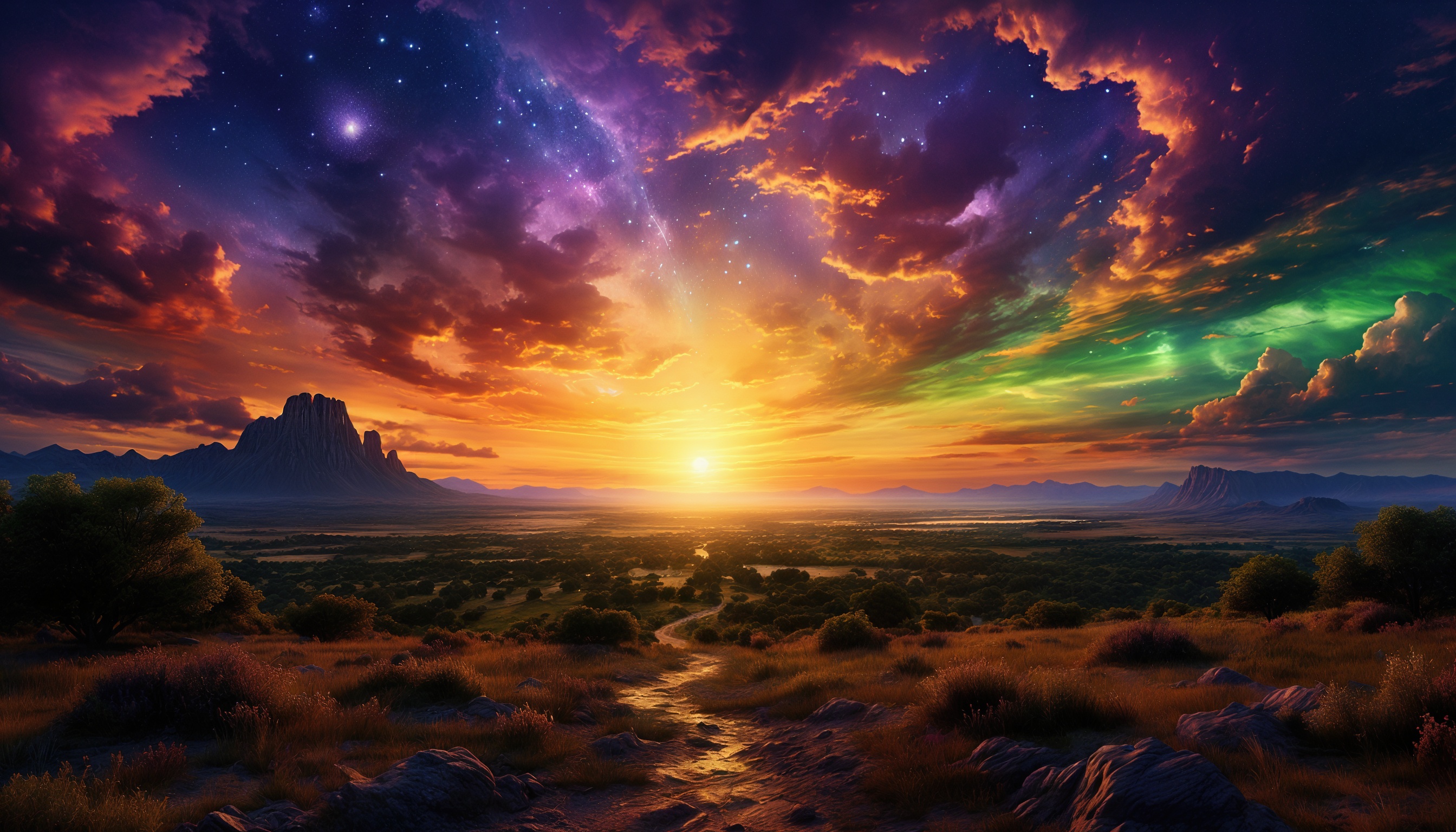 Бесплатное фото Завораживающий закат над просторной долиной, обрамлённой величественными скалами.