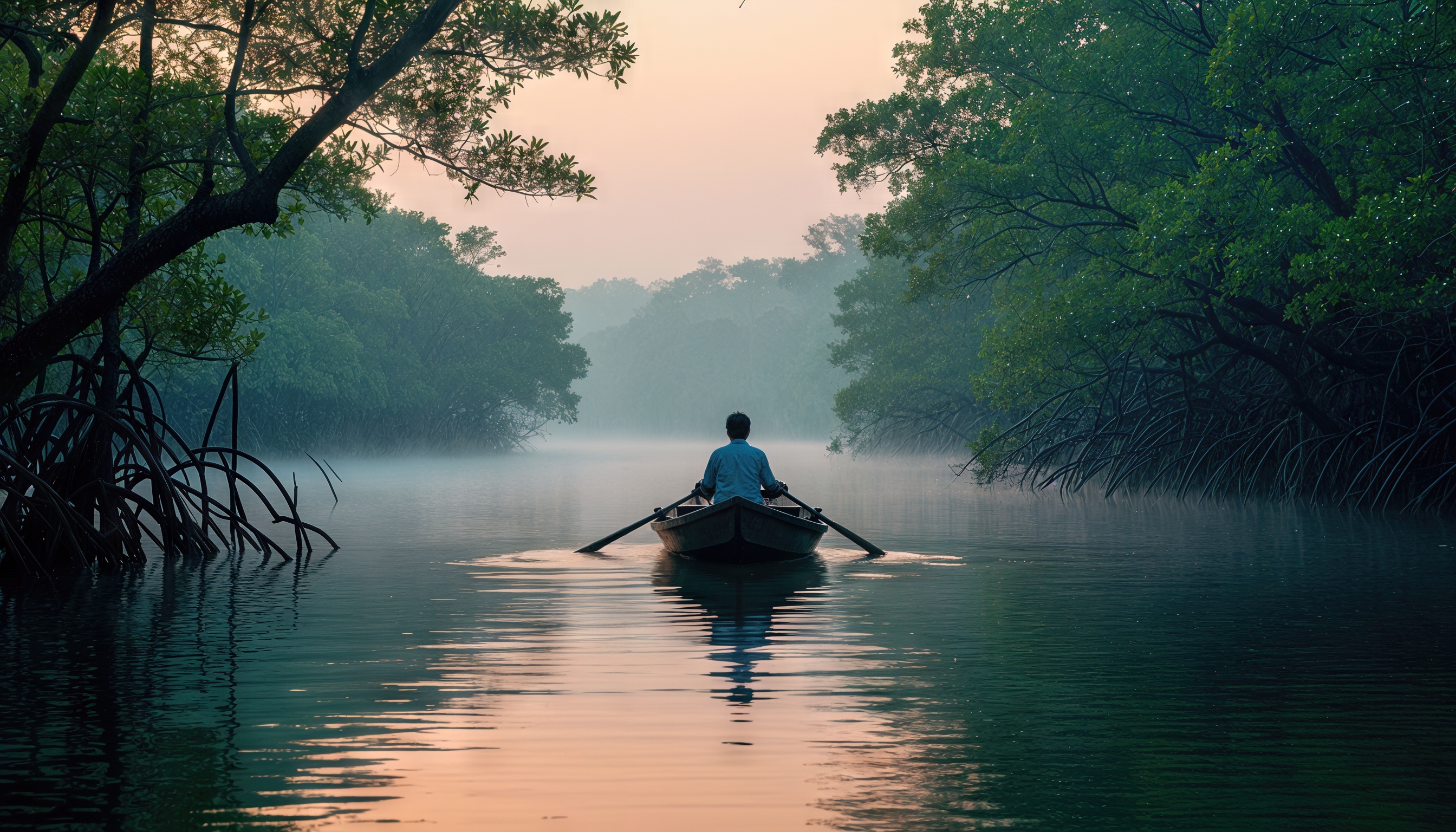 Человек гребет на каноэ по спокойной воде среди тропической растительности на фоне заката.