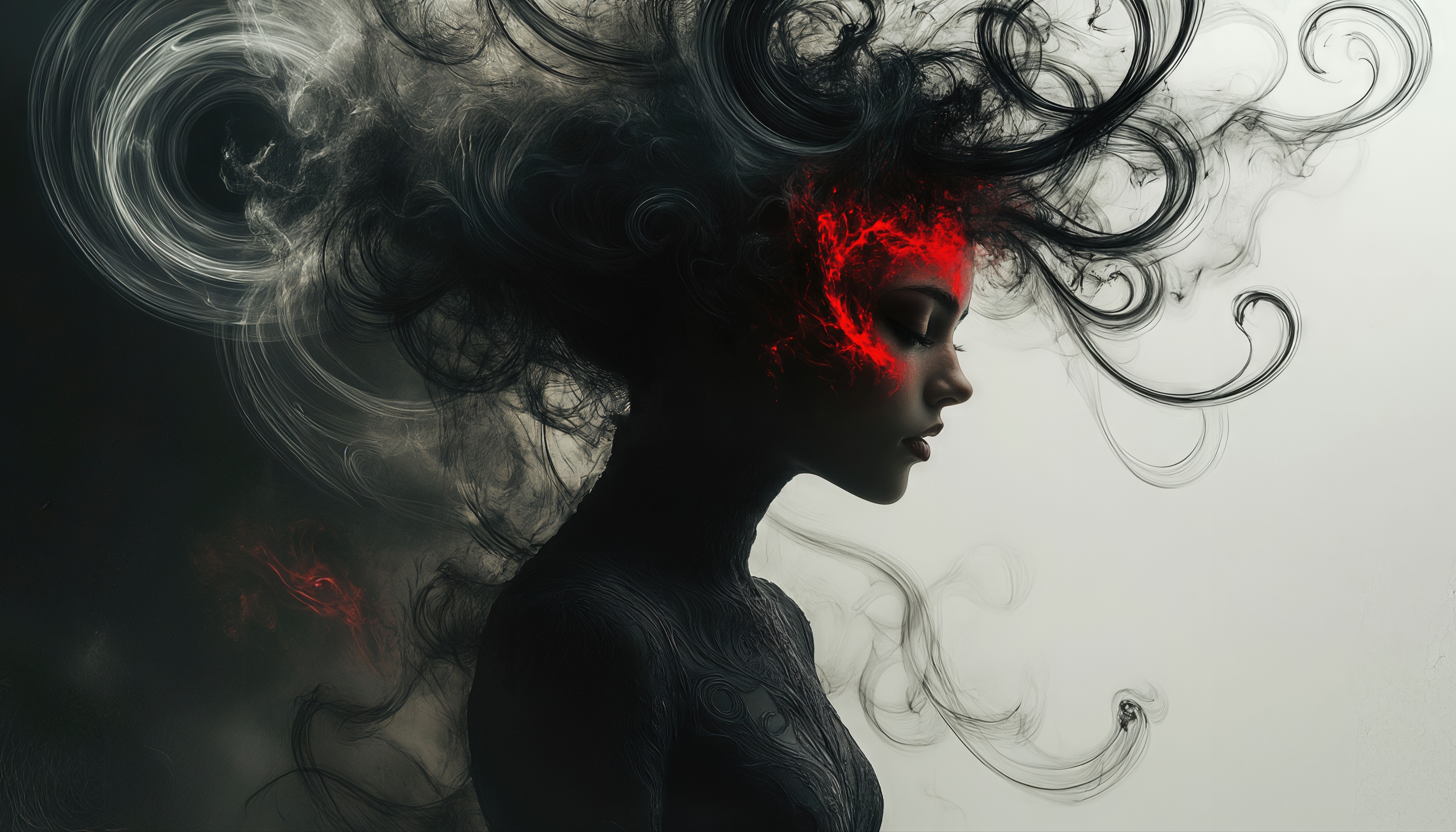 Бесплатное фото Сюрреалистичный профиль девушки: волосы - дымные завихрения, лицо озарено красным сиянием.