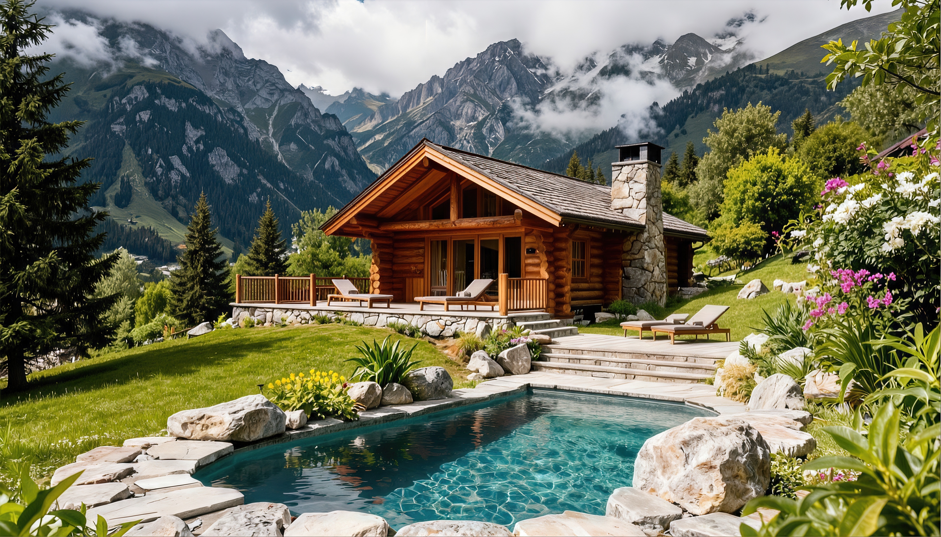 Free photo Cozy wooden house in the Alps with a swimming pool against the backdrop of majestic snow-capped mountains.