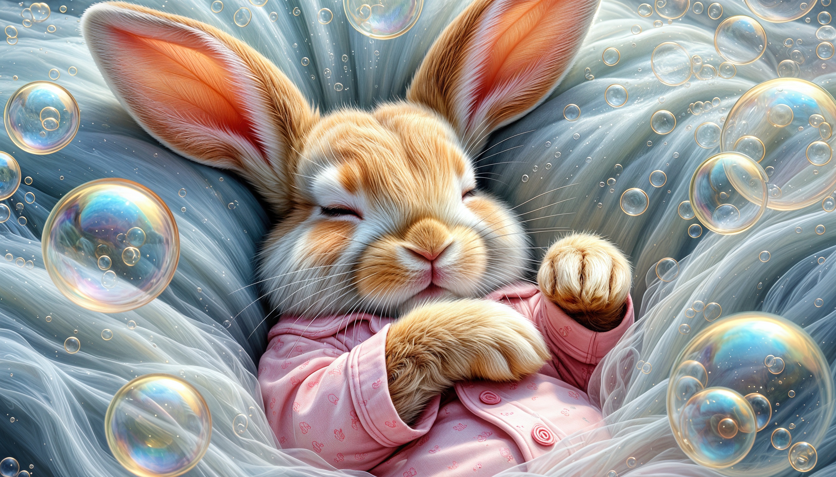 Бесплатное фото Спящий зайчик в розовой пижаме с мыльными пузырями вокруг.