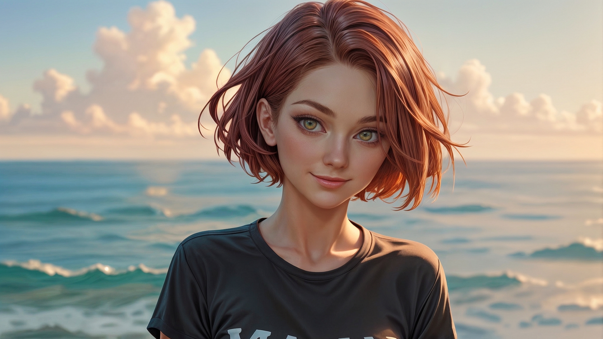 免费照片大海背景下身着黑色 T 恤的红发女孩肖像