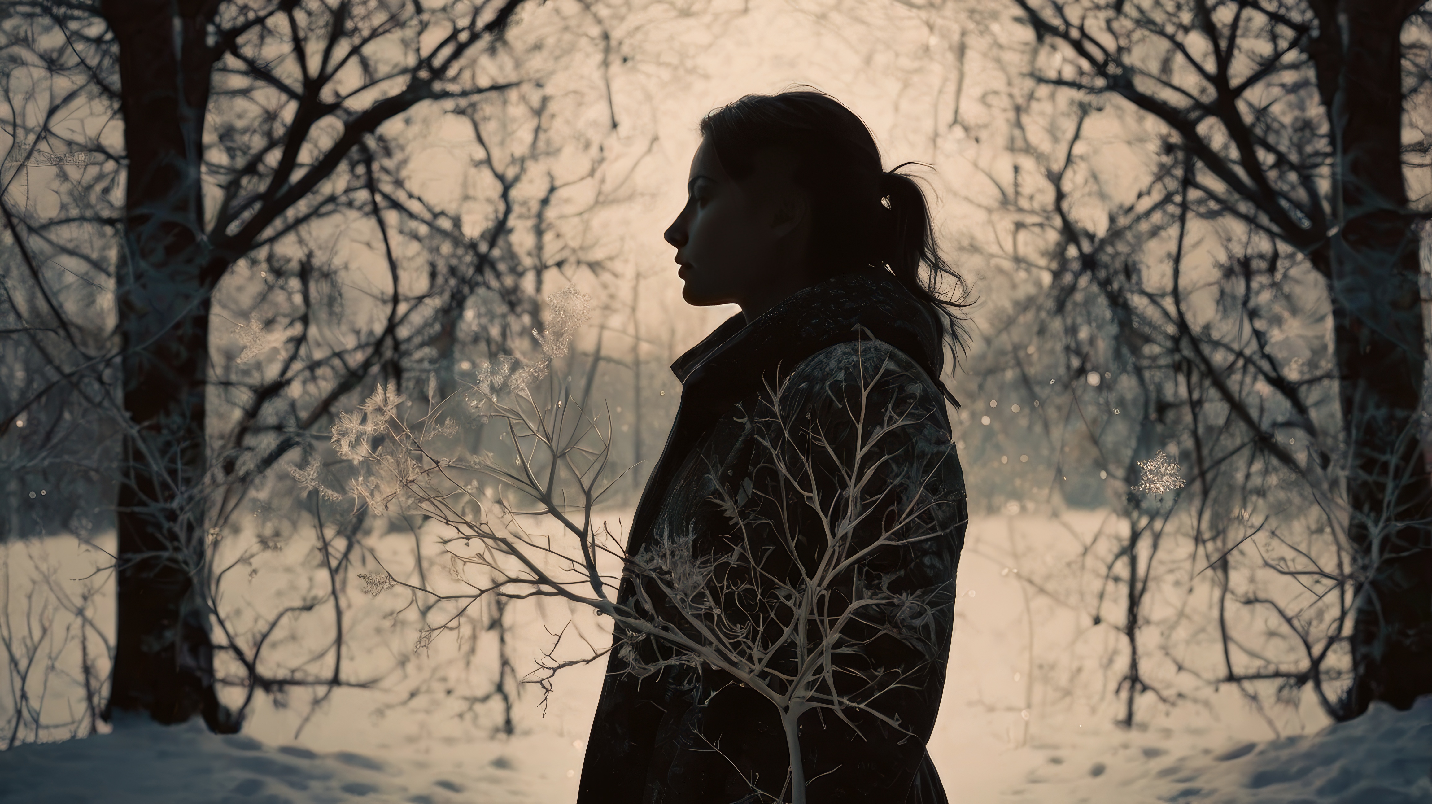 A person is standing in the snow in the woods