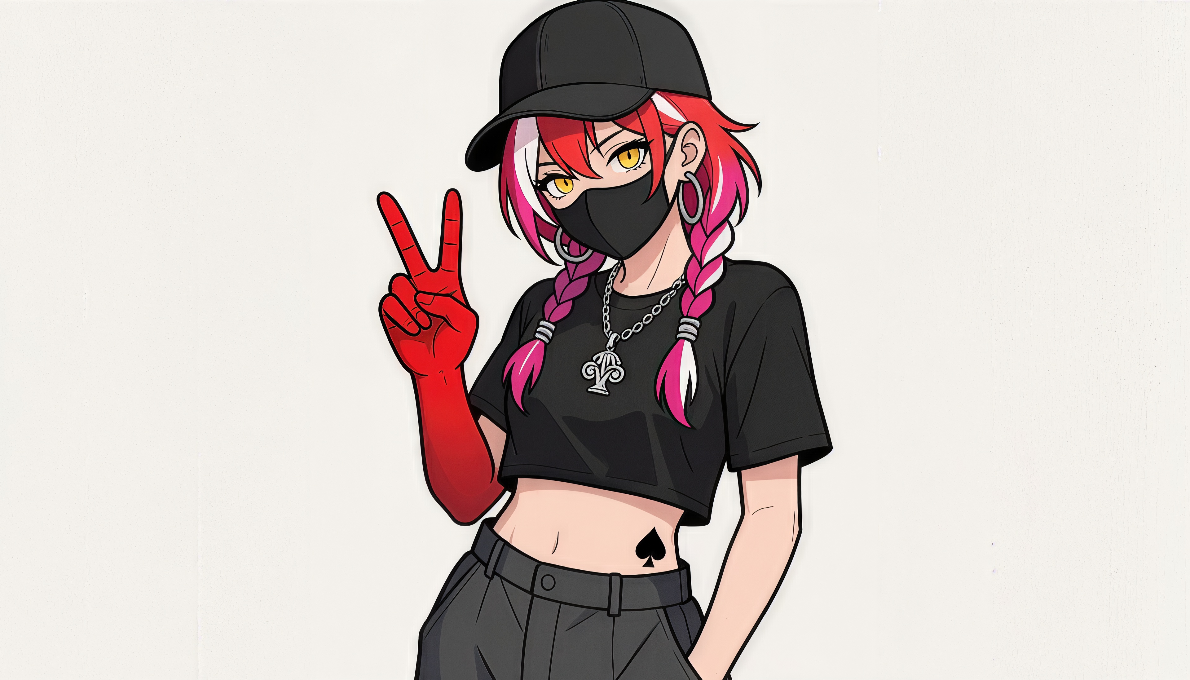 Free photo Jinx from Arcane in a black crop top, baseball cap and mask poses on a clear light background, 16:9
