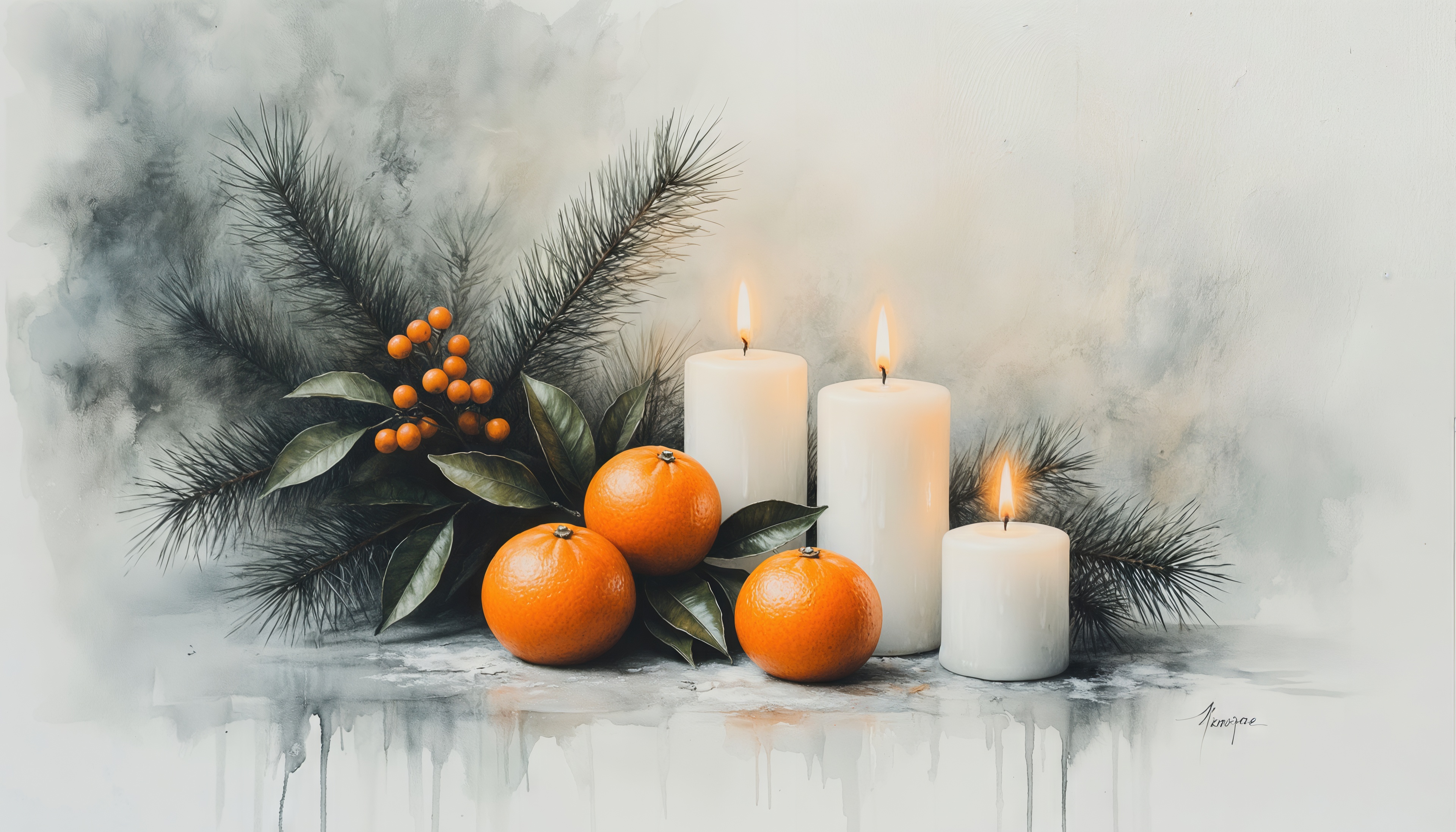 Зимний натюрморт: мандарины, свечи и еловые ветви в мягком свете.