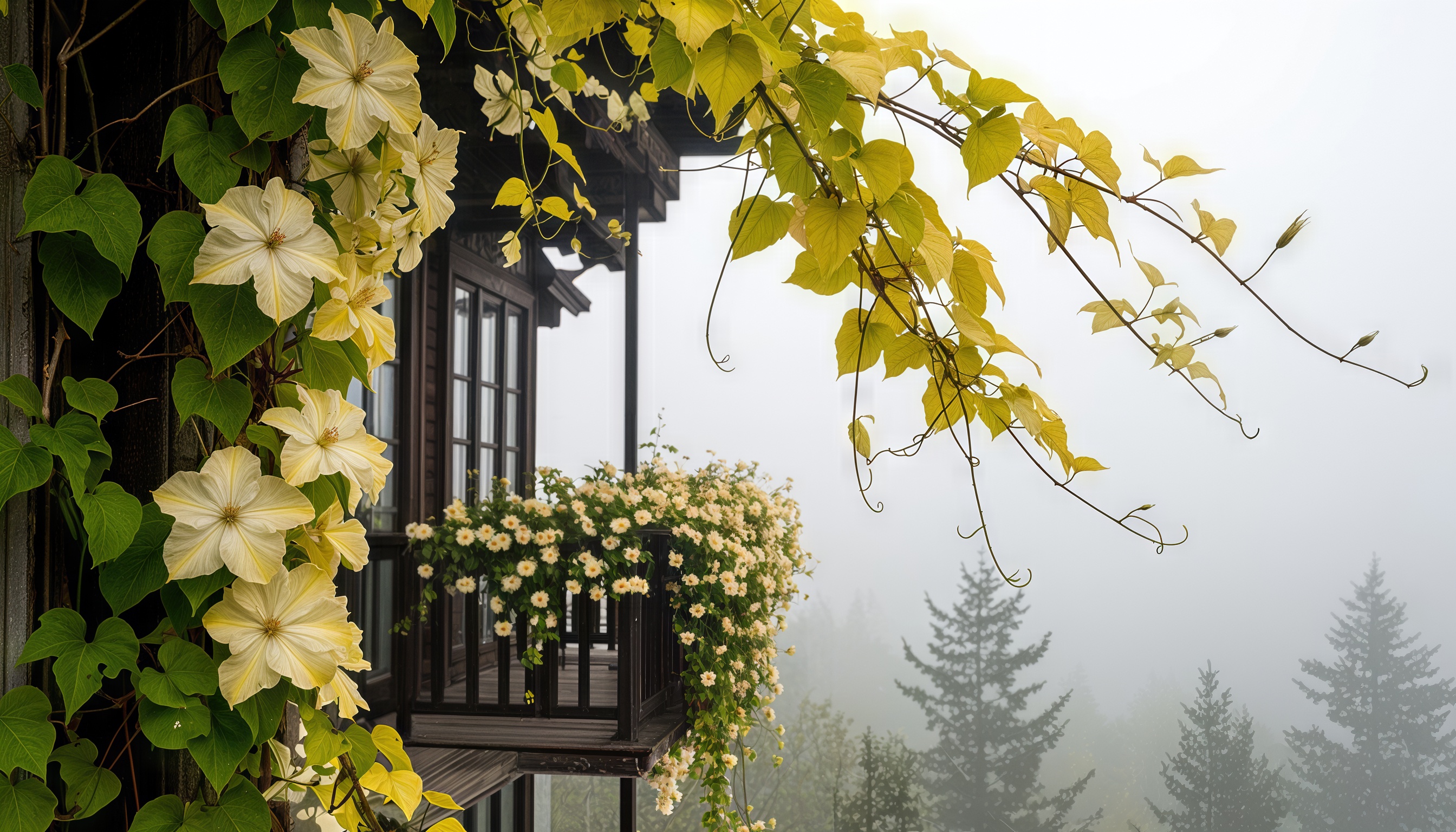 Бесплатное фото Дом с балконом, украшенным клематисами и розами, на фоне хвойных деревьев в тумане.