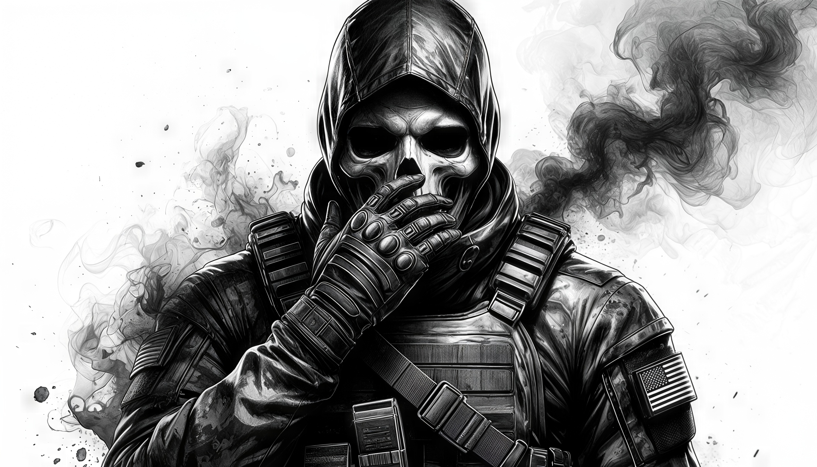 Бесплатное фото Воин в маске черепа, одетый в тактическую экипировку, на фоне дыма.