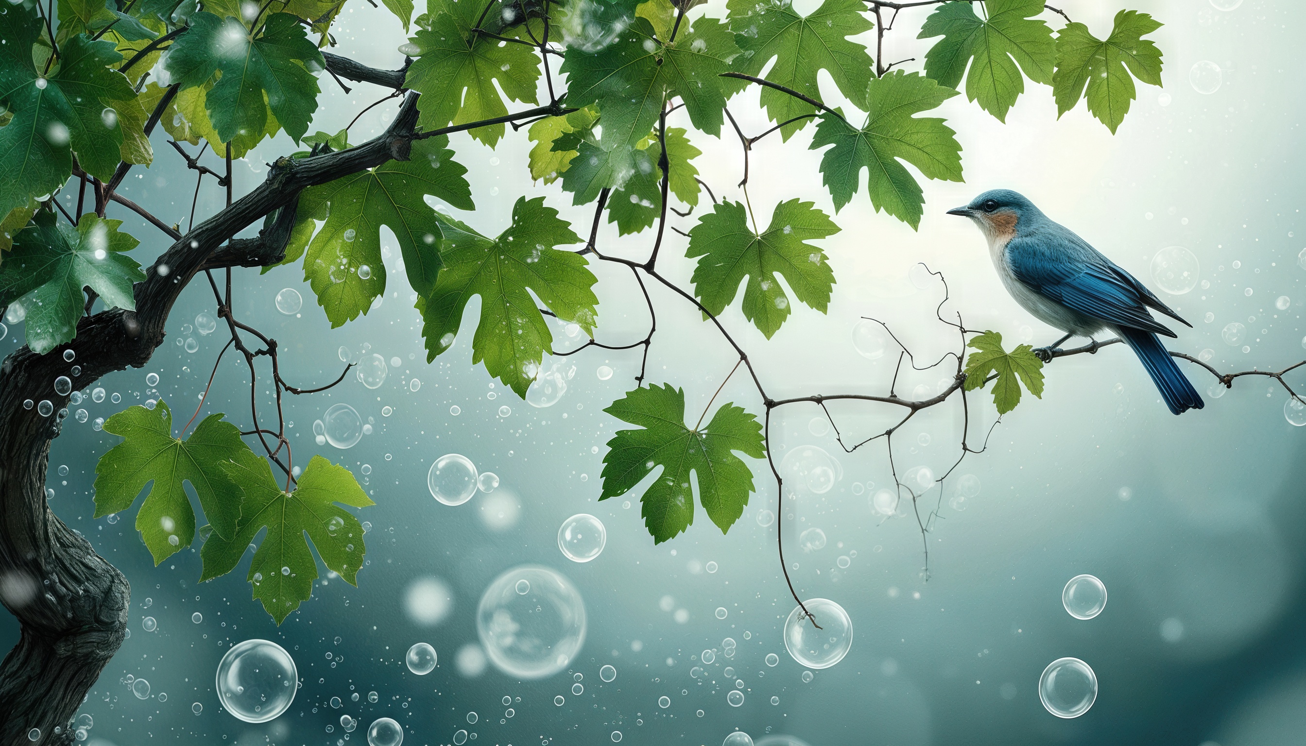 Птица на лозе винограда среди зелени и мыльных пузырей на мягком голубом фоне.