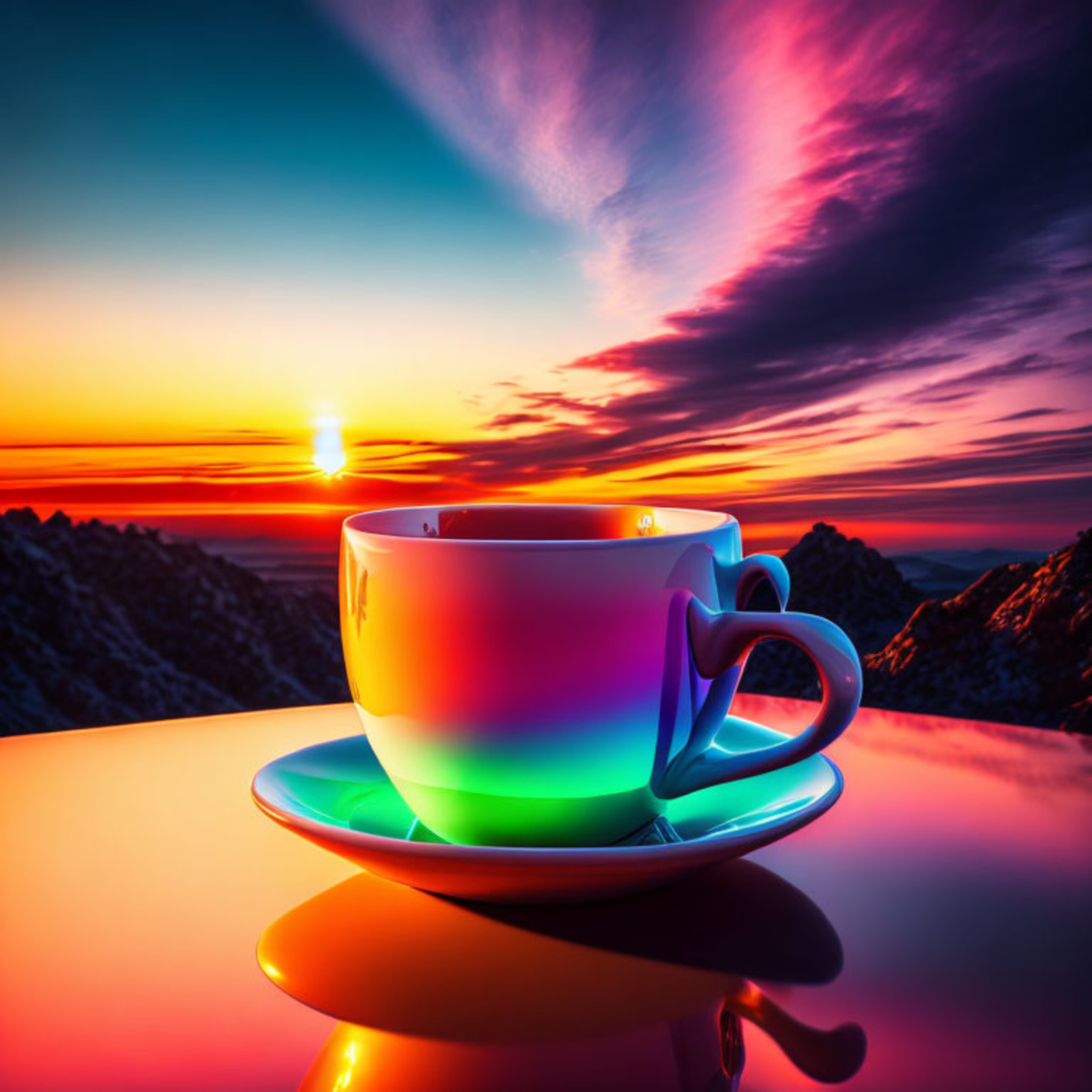 黎明时分的一杯色彩斑斓的咖啡
