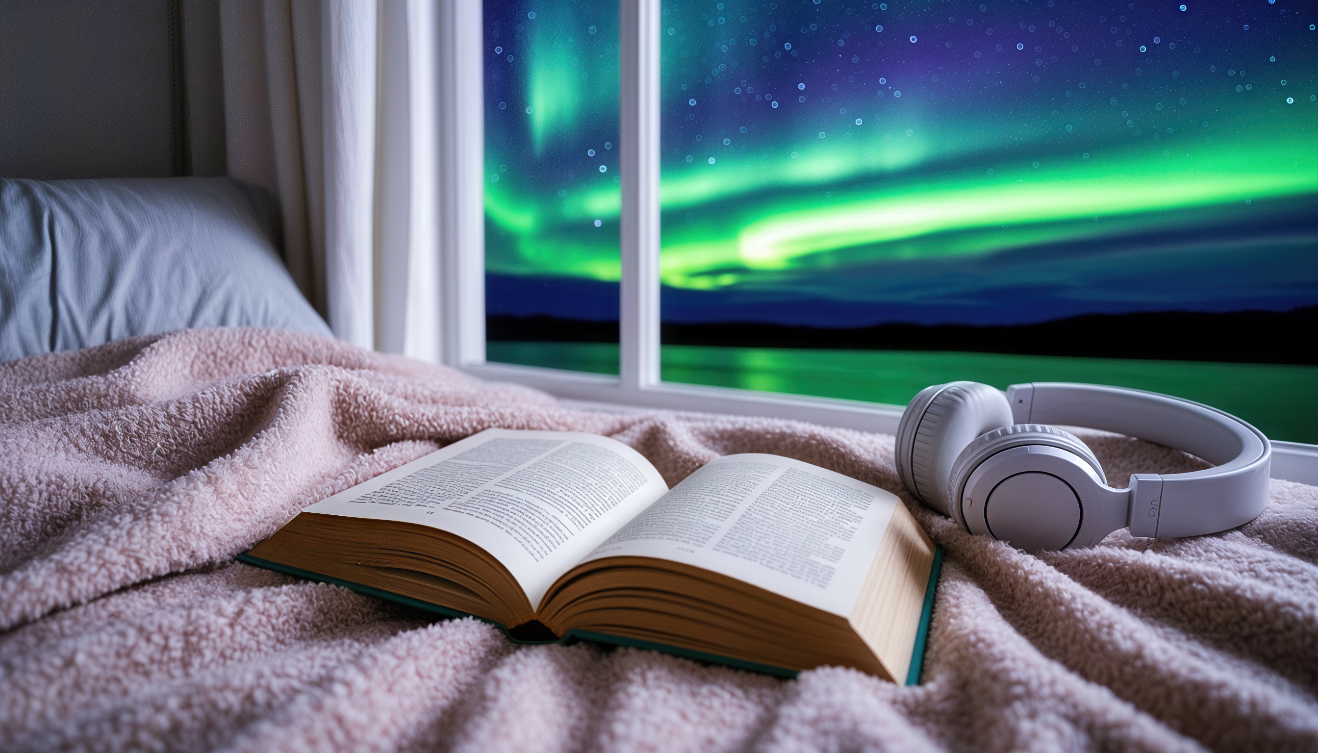 Уютная спальня с кроватью, на которой лежат открытая книга и наушники, на фоне северного сияния.