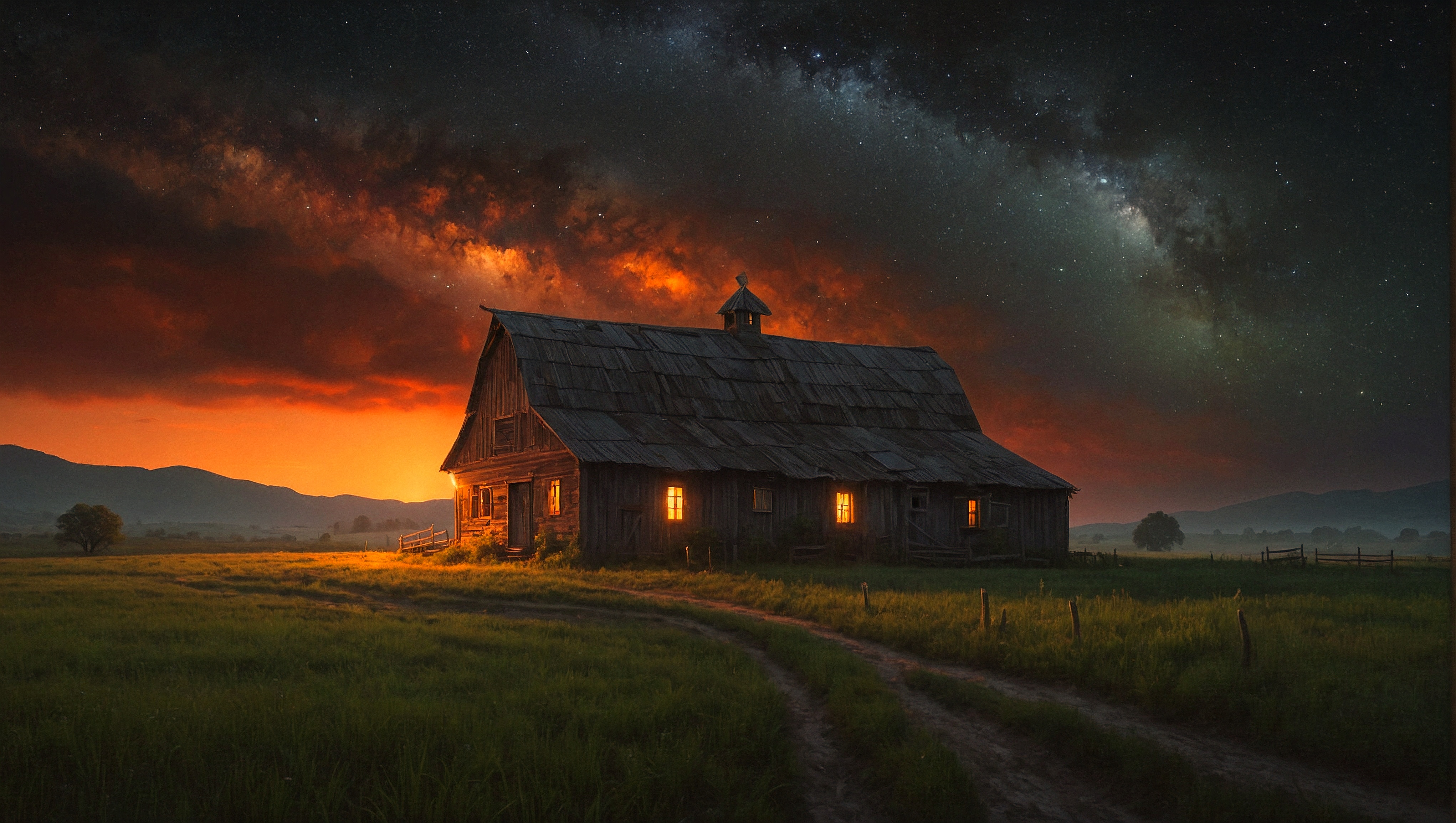 Free photo A farmhouse under an overcast night sky