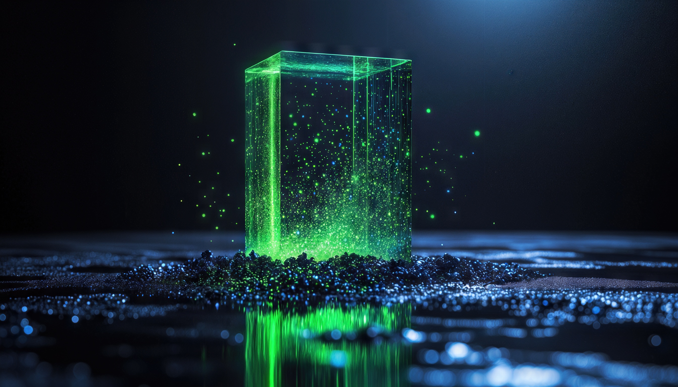 Бесплатное фото Неоновый куб, словно звёздный портал, парит над тёмной гладью, озарённый мерцанием цифровых искр.