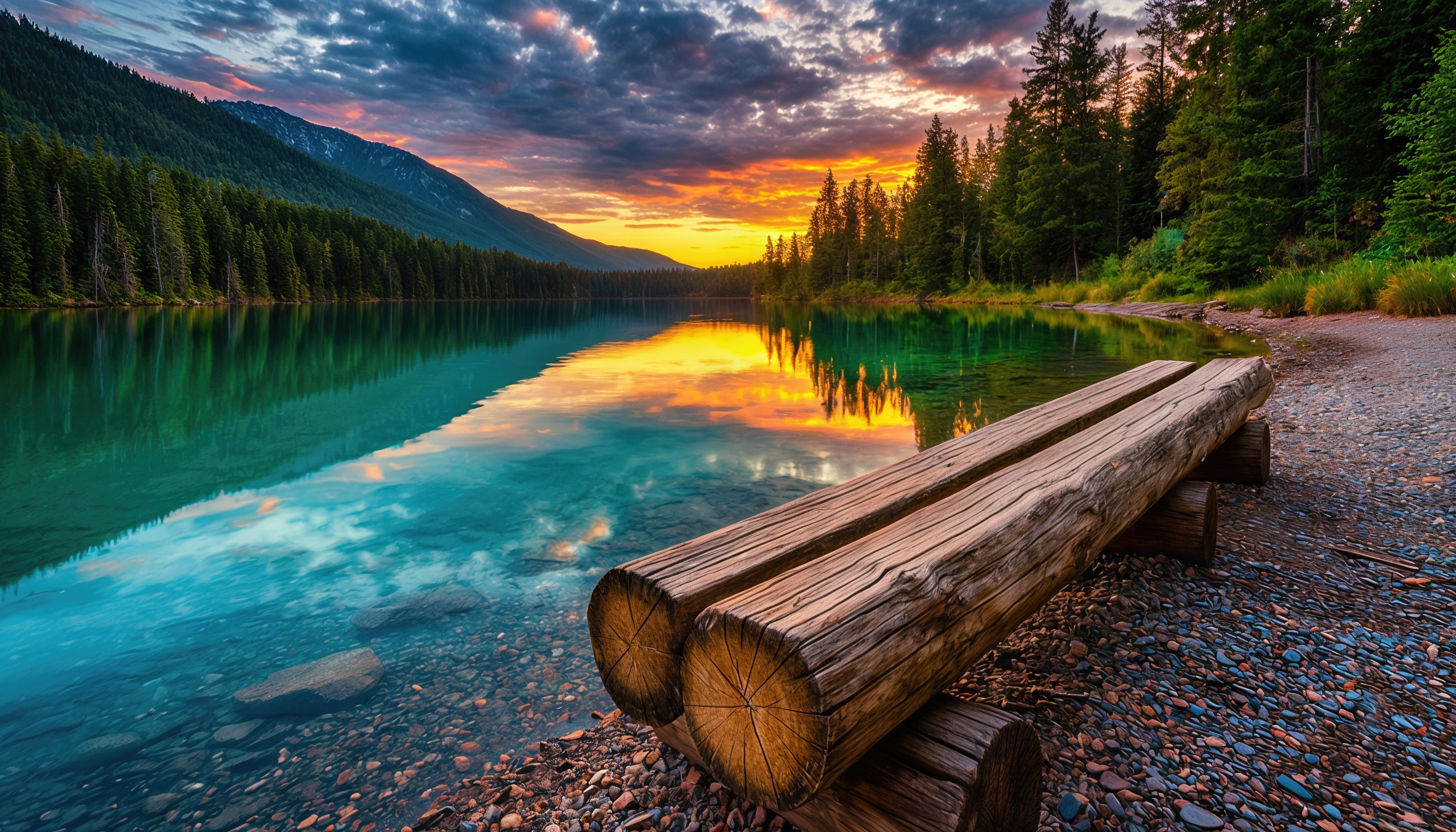 Бесплатное фото Красота заката над озером с отражением солнца и неба на воде, деревянной скамьёй на переднем плане.