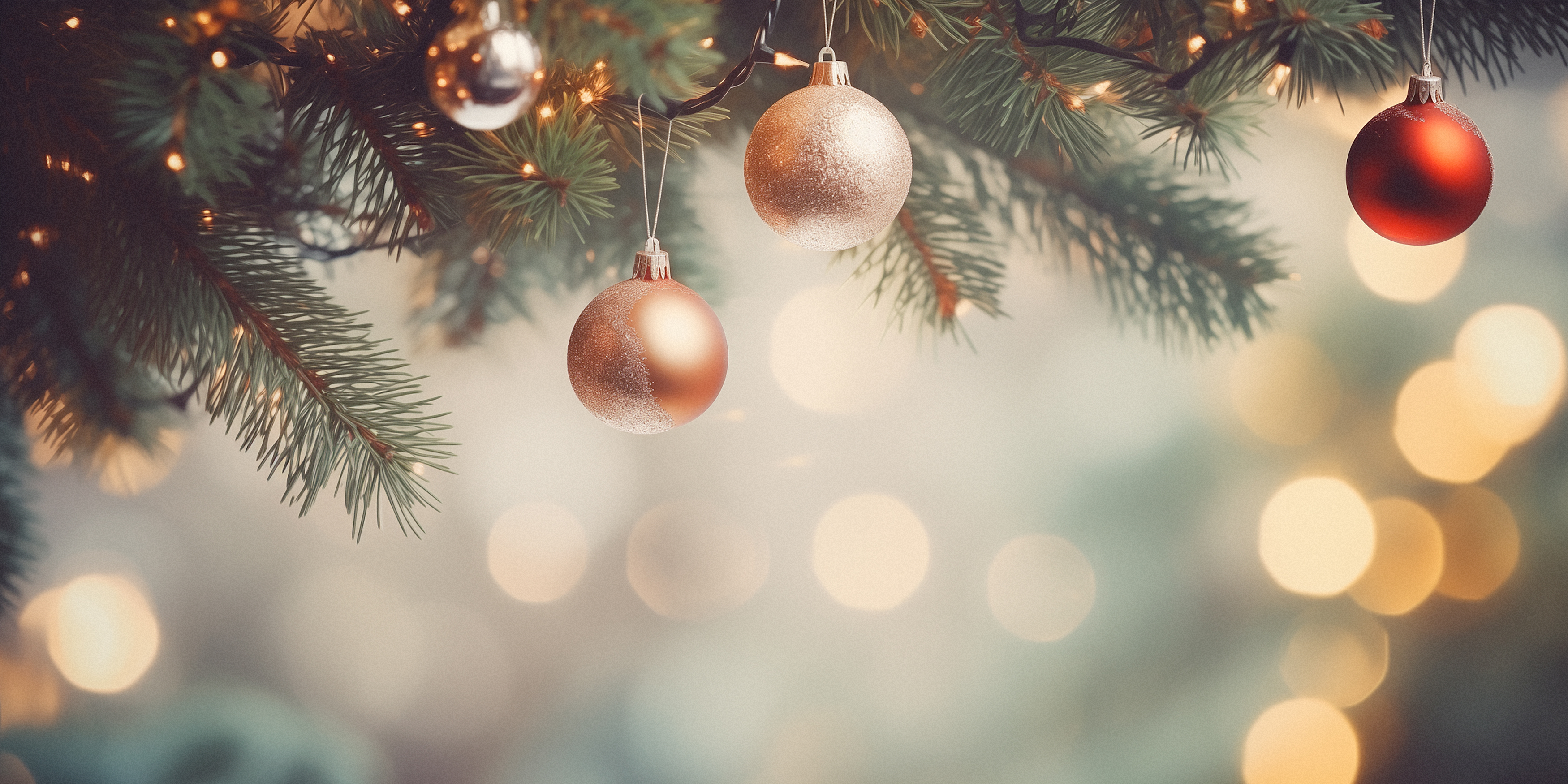 Free photo New Year`s toys hanging from a spruce branch