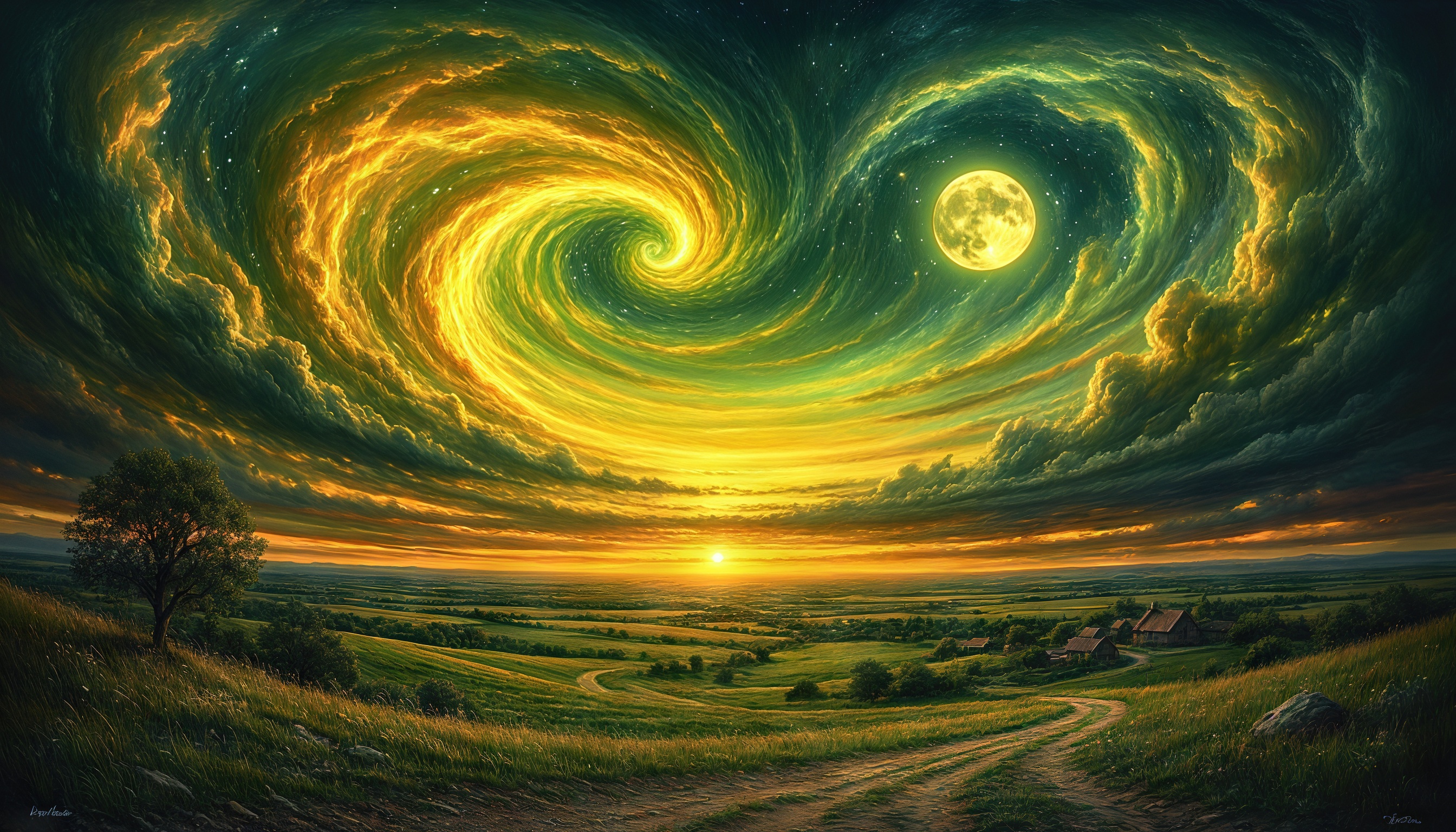 Бесплатное фото Фантастический пейзаж земного ландшафта с деревьями и деревней на фоне заката.