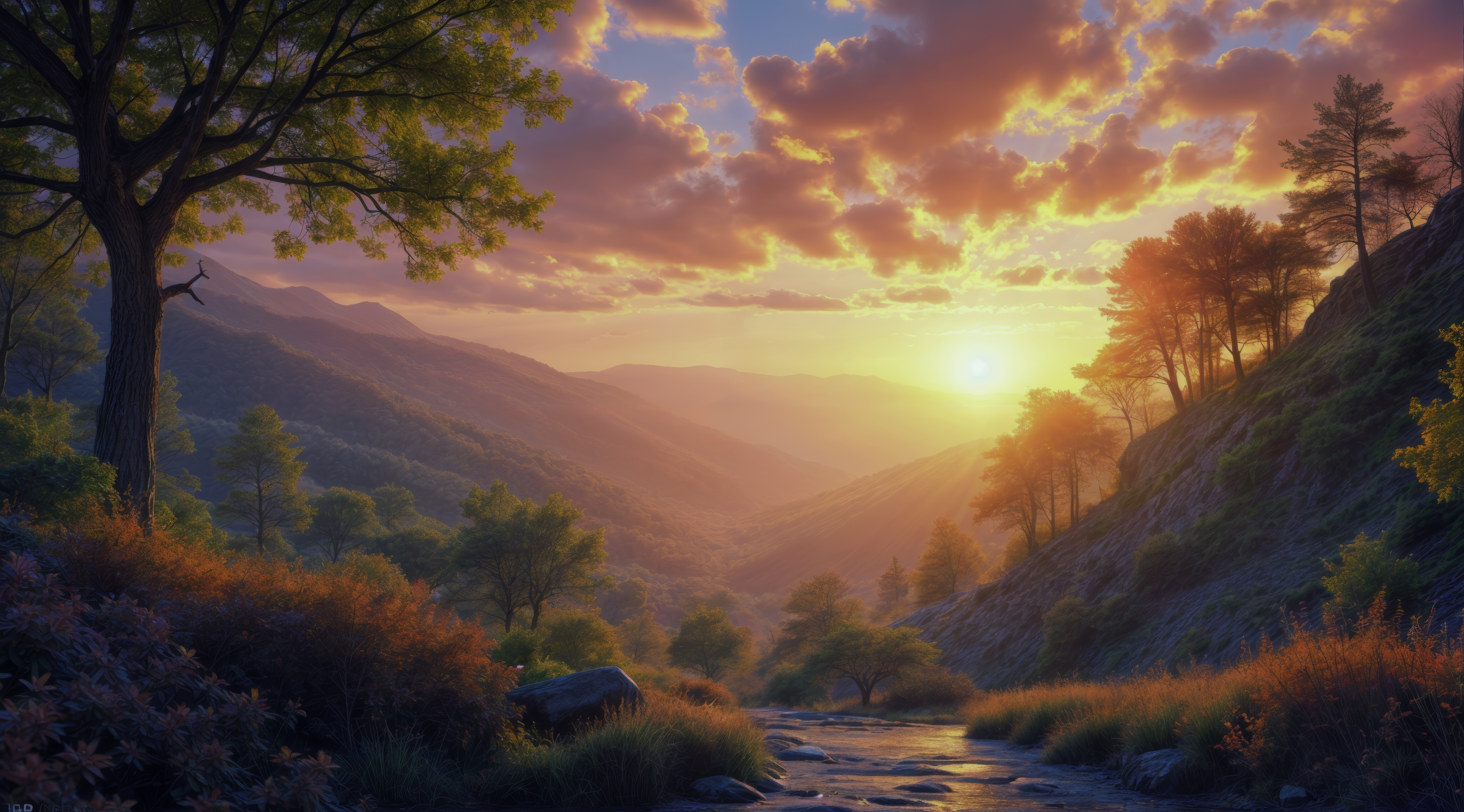 Бесплатное фото Изображение заката над горой с ручьем