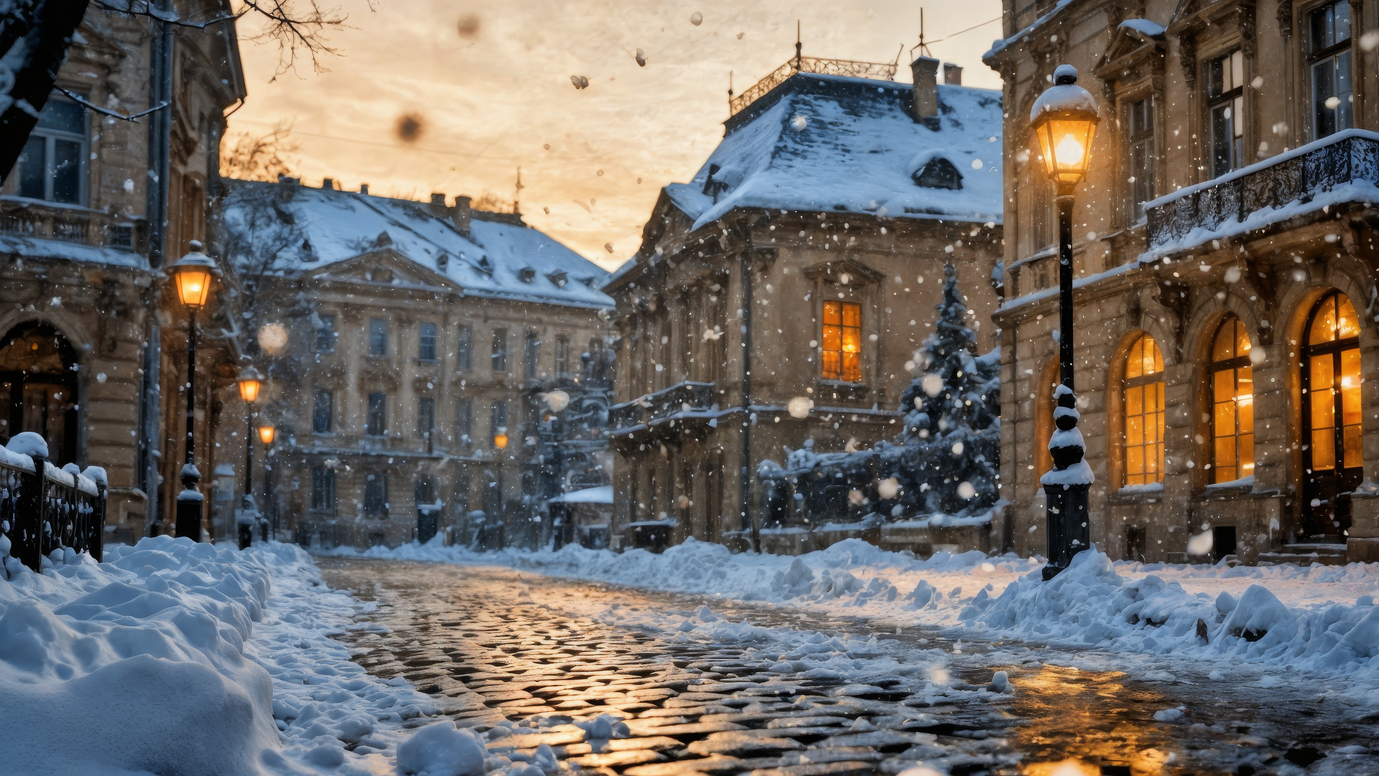 Бесплатное фото Улица в городе, зимой покрытая снегом