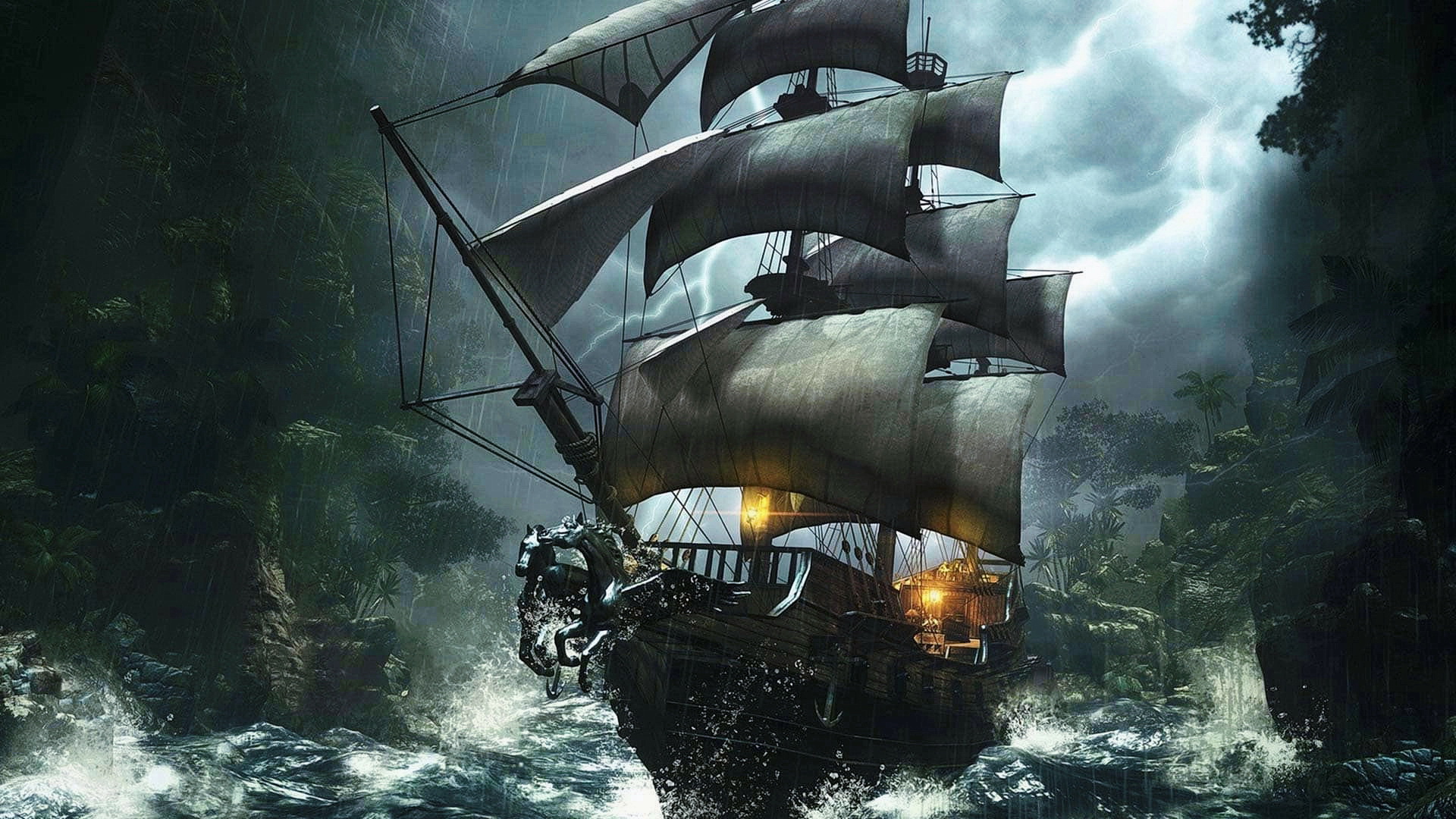 暴风雨中在岩石间航行的帆船