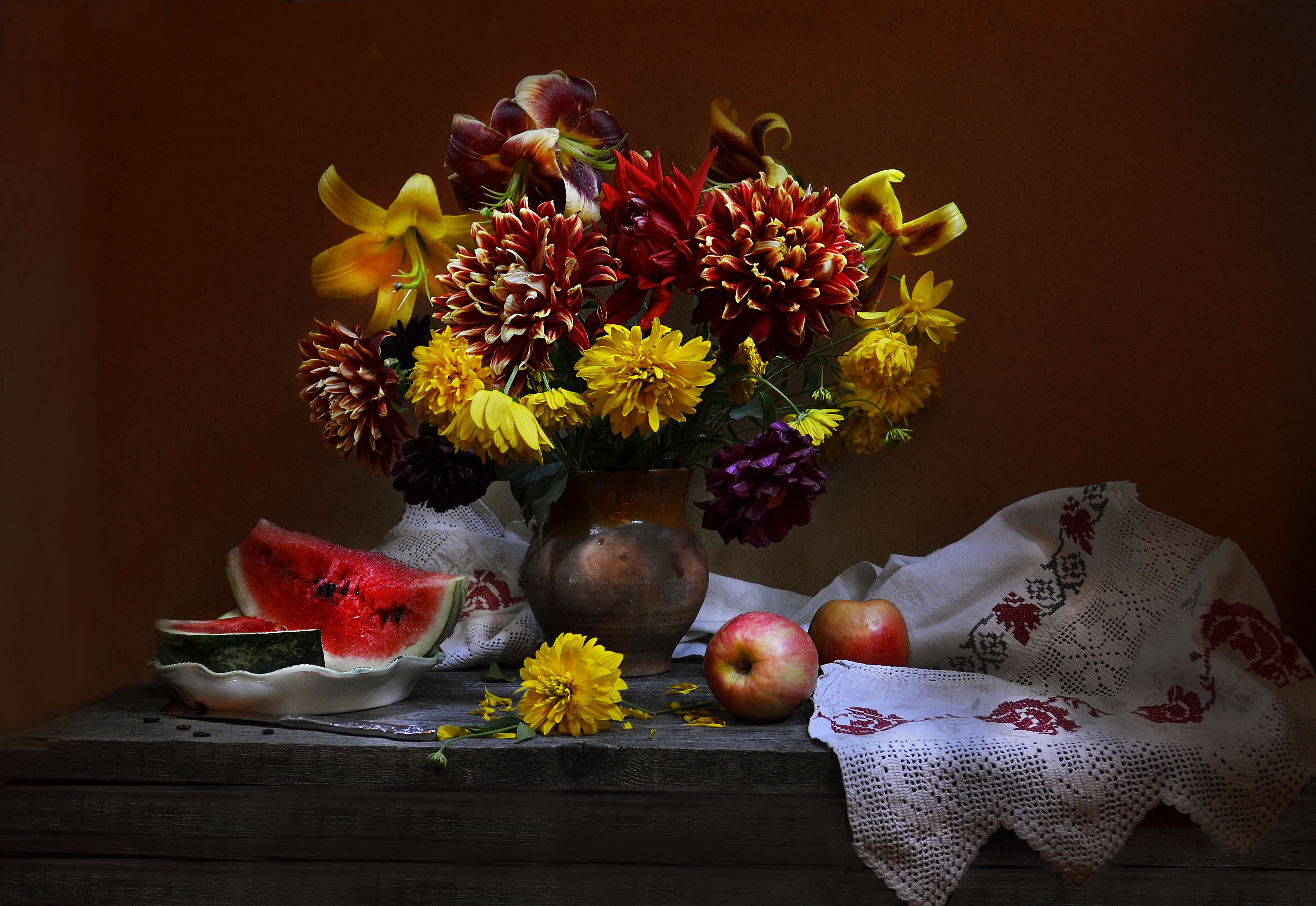 Wallpapers still life watermelon apples on the desktop