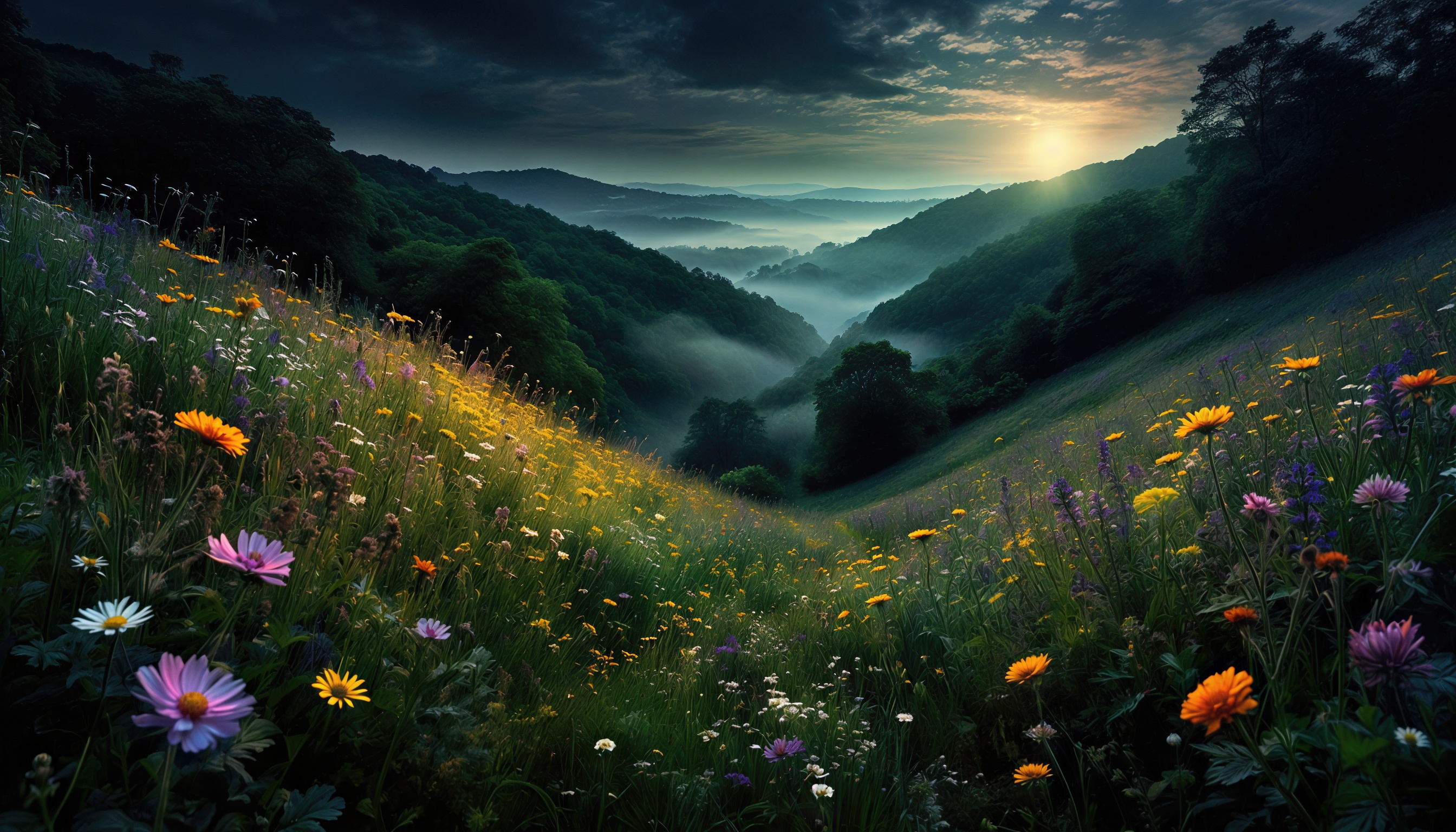 Бесплатное фото Цветущий склон холма на фоне туманных гор и восходящего солнца.