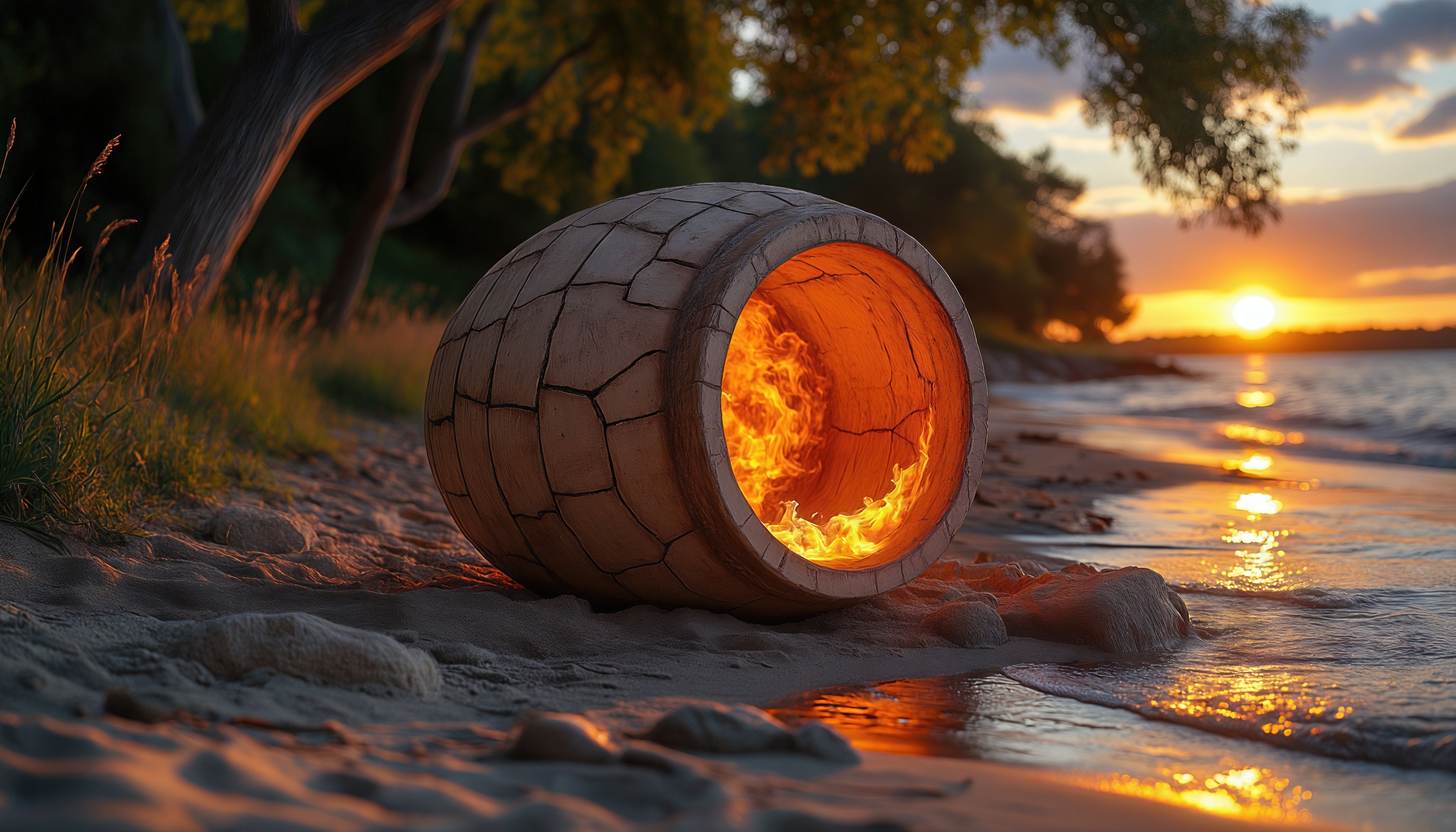 Бесплатное фото Тандыр на берегу реки в закатных лучах - огонь внутри пылает.