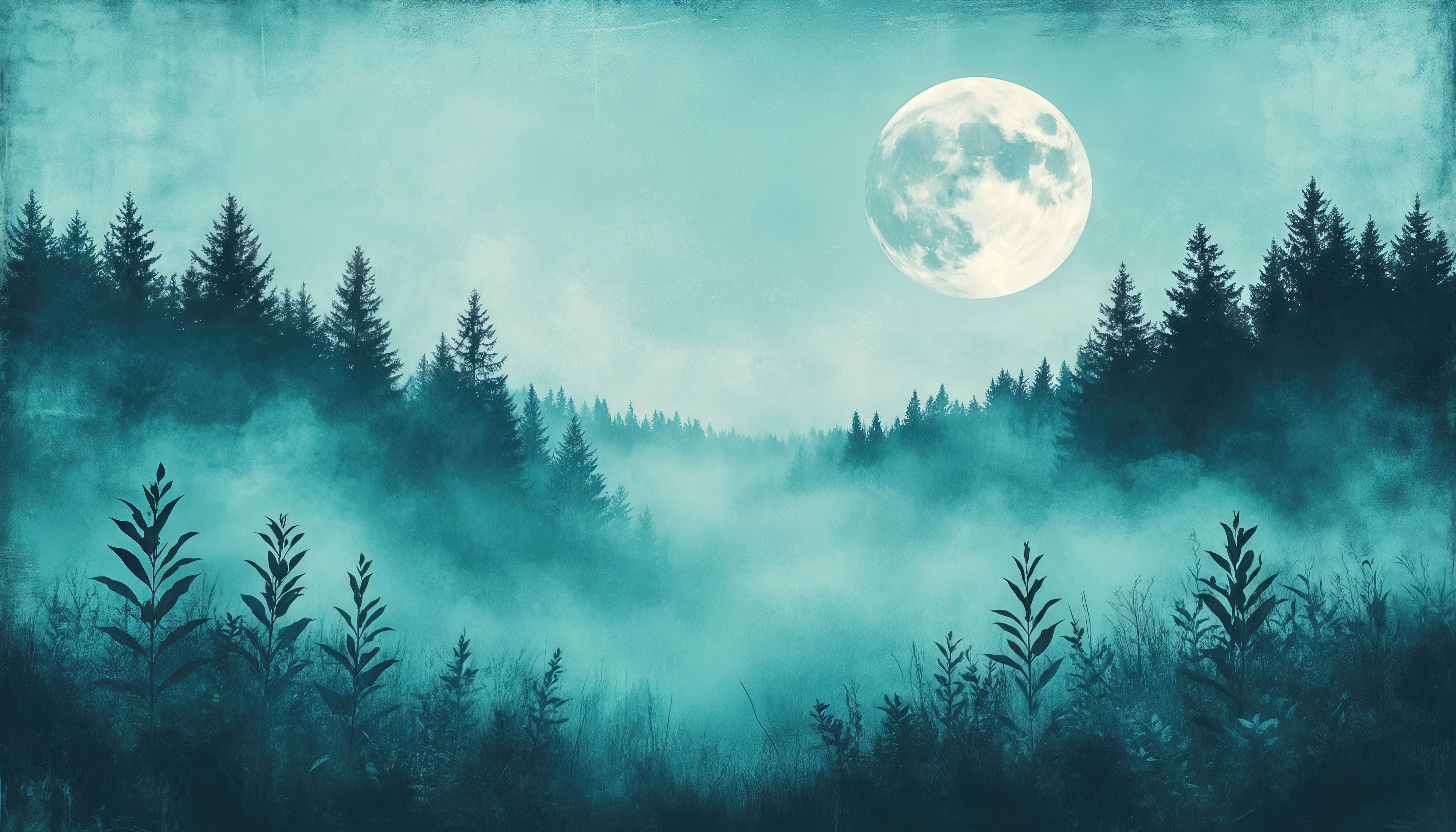 Free photo A full moon over a coniferous forest shrouded in morning haze.