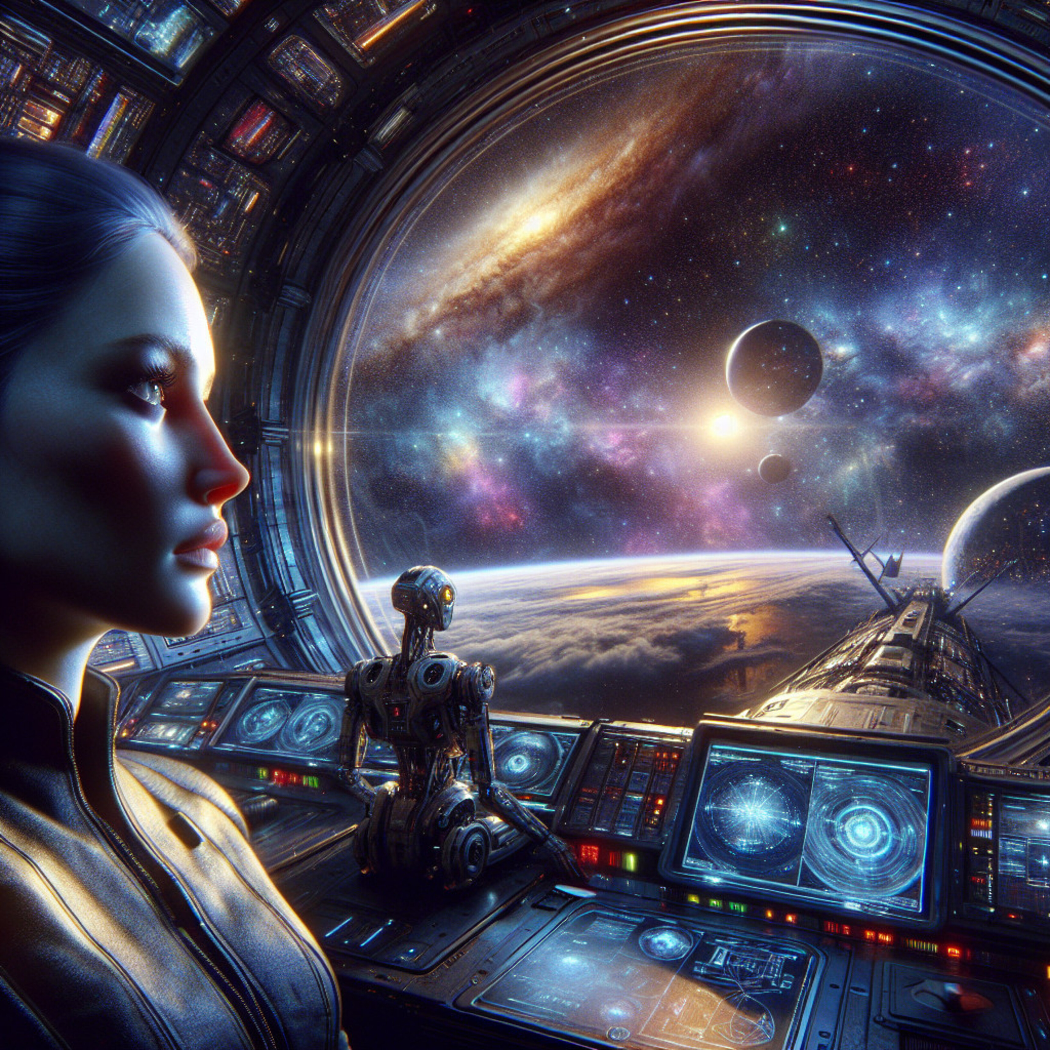 飞行员和机器人凝视着宇宙