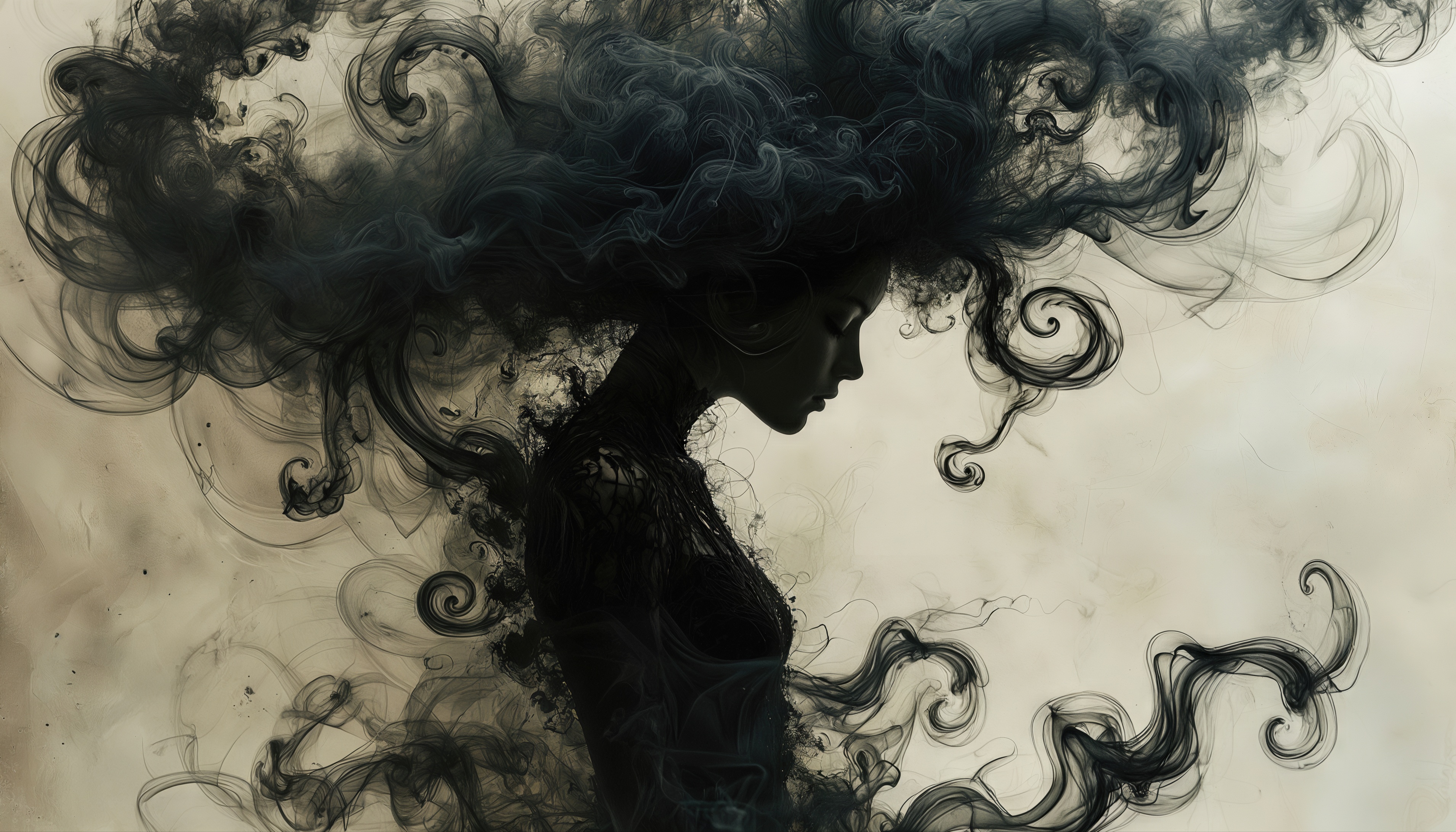 Бесплатное фото Женщина-силуэт окутана клубами тёмного дыма, словно воплощение мистики.
