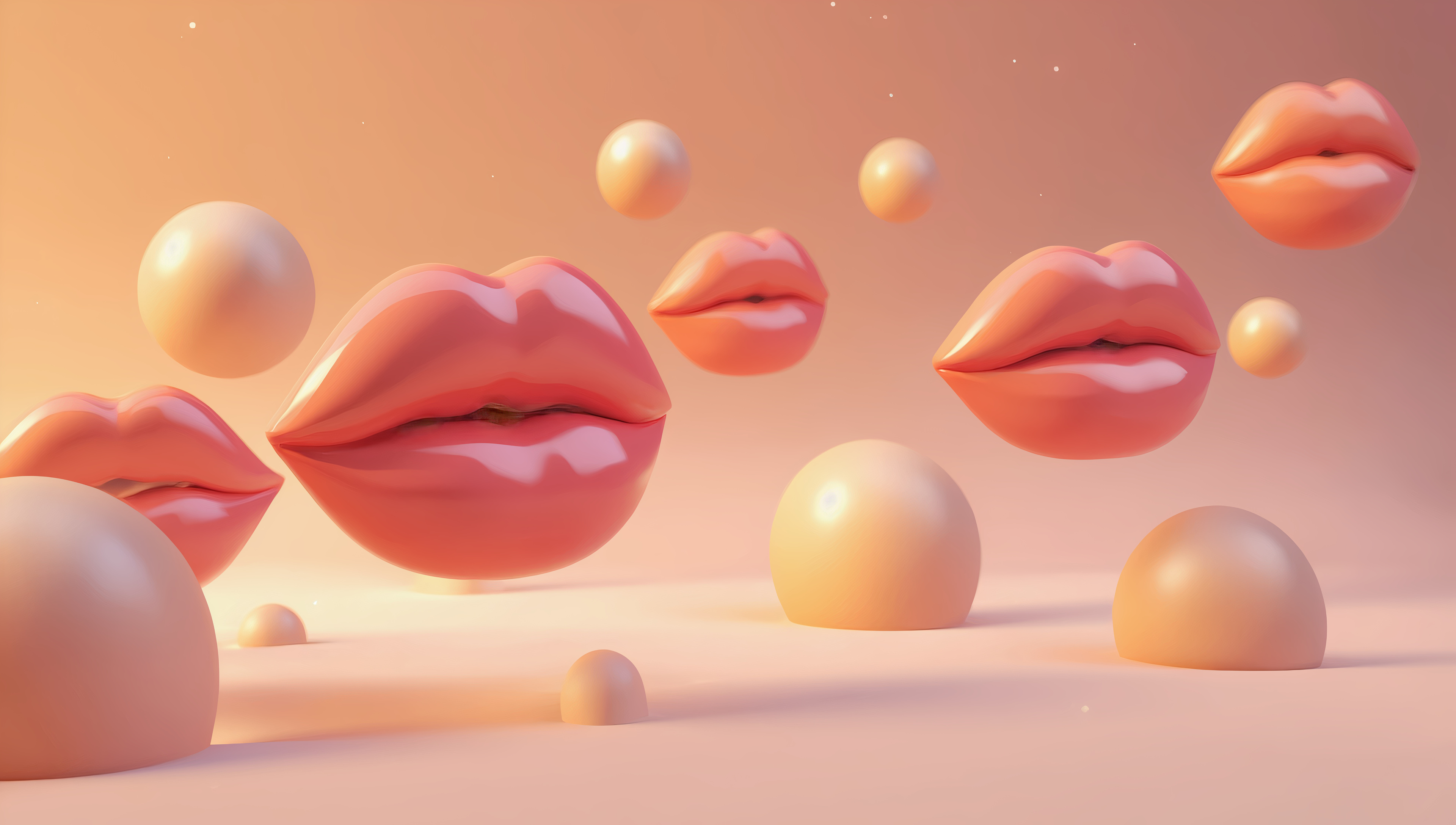 Обои на рабочий стол, Абстрактная картина, на которой в небе летают человеческие губы в перемешку с шарами